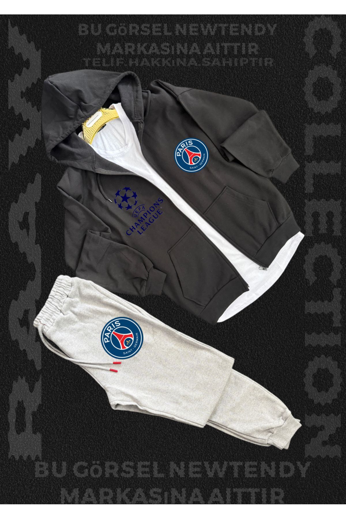 NEW TRENDY COLLECTİON Paris Logolu Kapüşonlu Sweat Eşofman Altı Erkek Kombin Şık Spor Takım