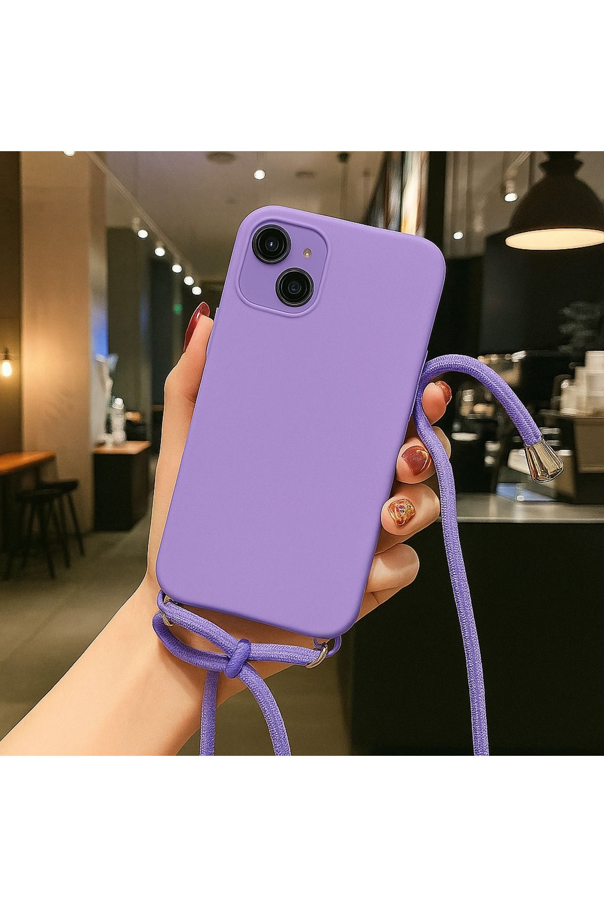 Coverzone iPhone 15 ile uyumlu İpli Boyun Askılı Silikon Kılıf Kadife iç Yüzeyli Epiphany Kılıf Lila