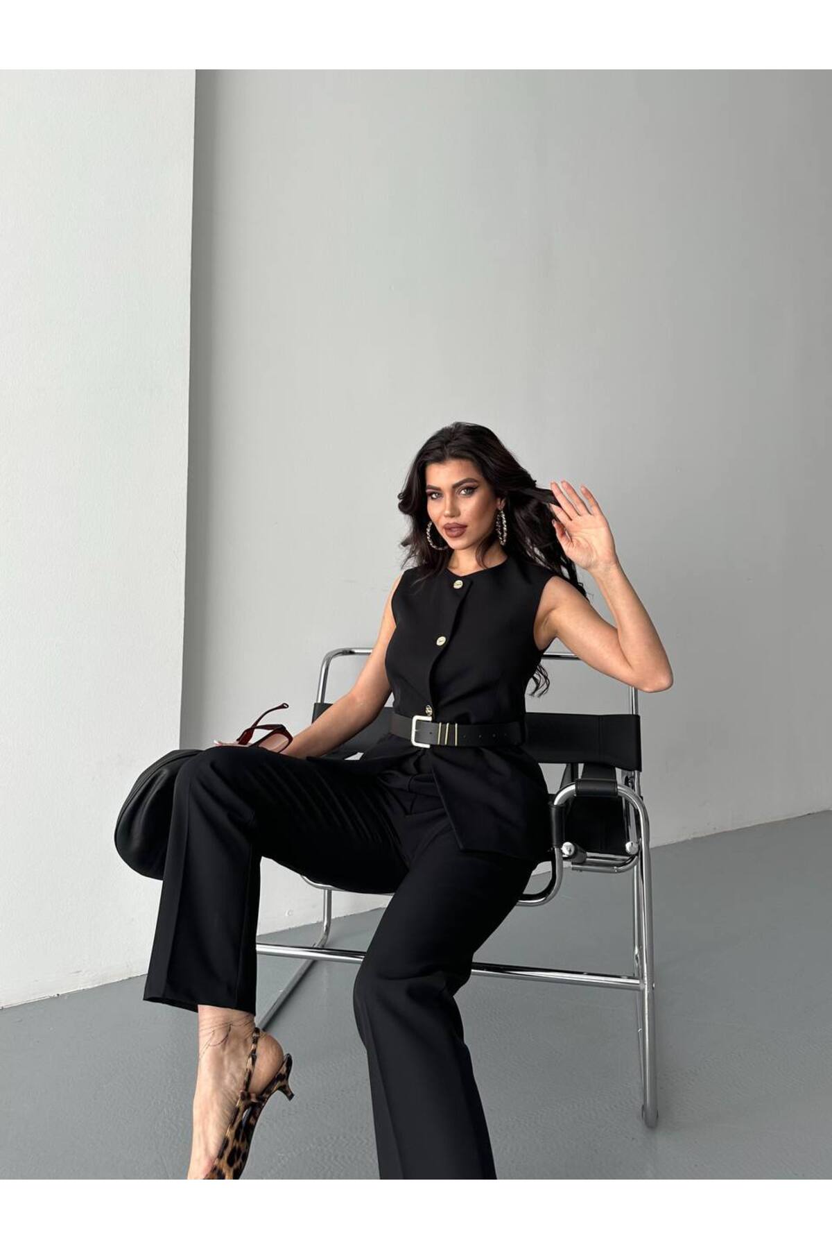 Ensemble veste et pantalon avec ceinture noire en crêpe double importé - Görsel 4