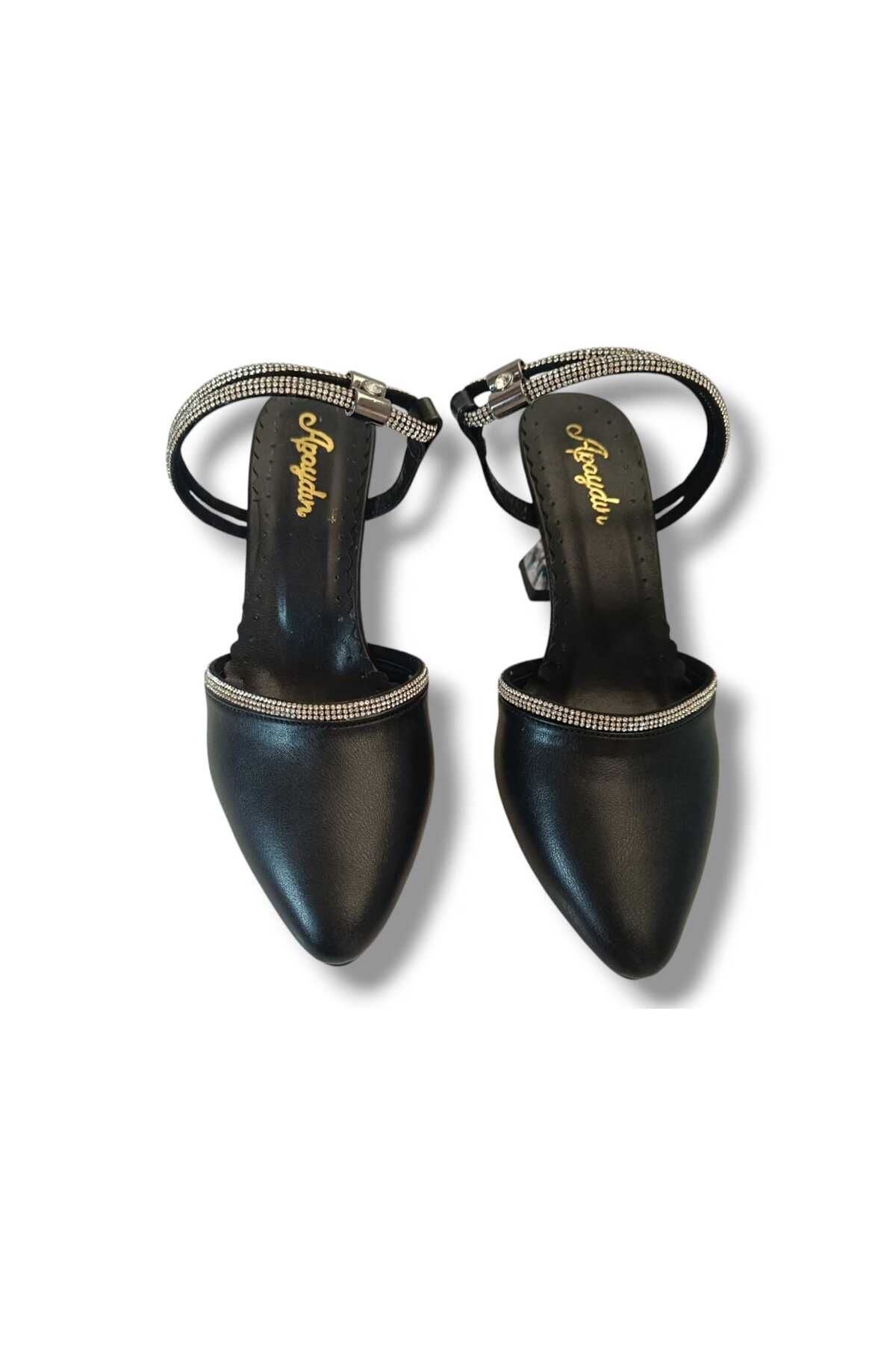 GMSHOES Bilekten Taşlı Kadın Saten Siyah Topuklu Abiye Ayakkabı