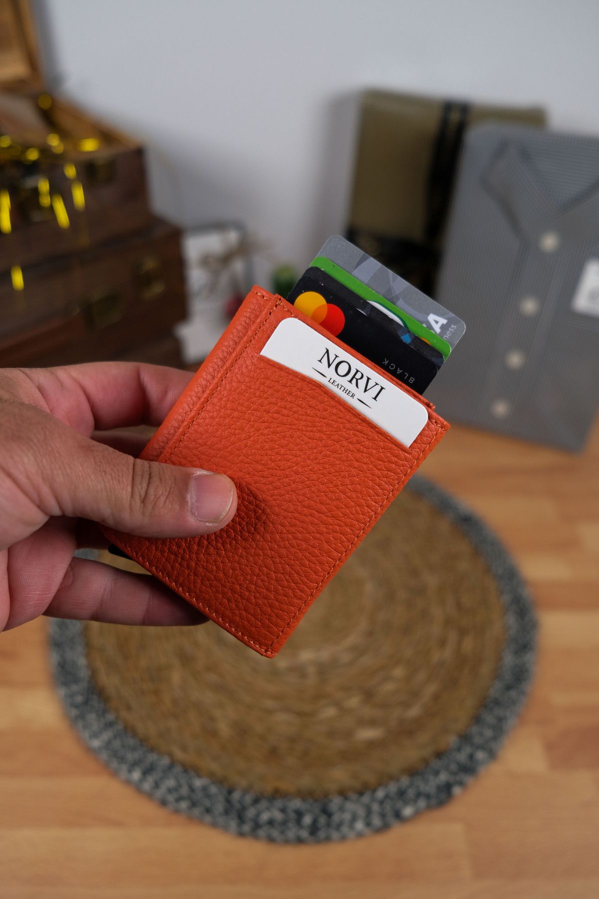 Norvi Leather Mekanizmalı Otomatik Hakiki Deri Kartlık Kadın Turuncu