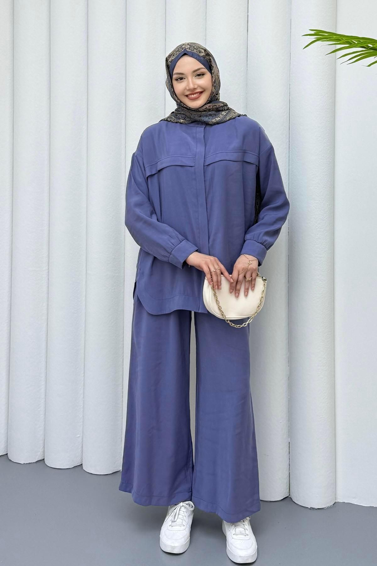 Modaensarbutik Lavina Dökümlü İkili Tesettür Takım-LİLA