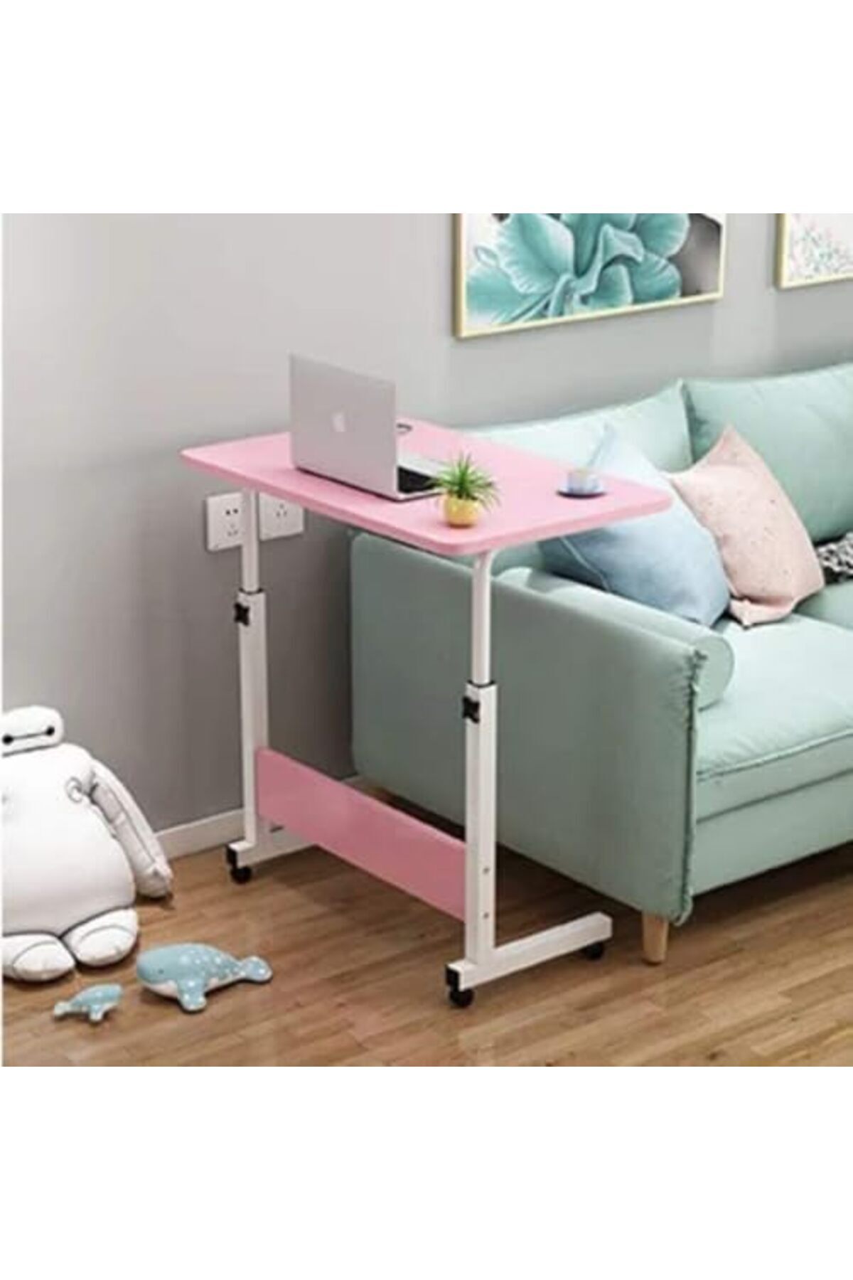 🖥️ طاولة لابتوب بعجلات قابلة للتعديل 90 * 40 سم,مكتب كمبيوتر متنقل للبيت والمكتب لون بينك,زهري