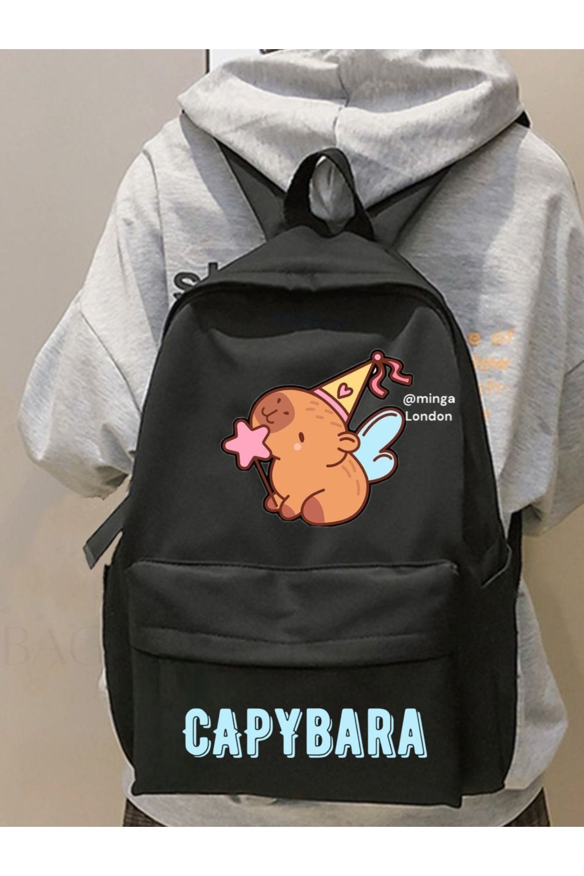 Minga London Siyah Capybara Suprise Baskılı Okul, Dershane, Kurs Baskılı Sırt Çantası -Minga London