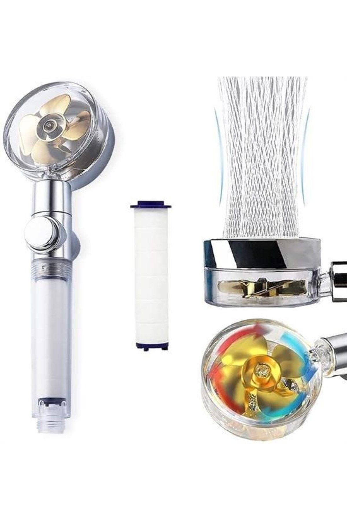 KfksStore Turbo Pervaneli ve Filtreli Su Tasarruflu 360 Derece Dönebilen Tazyikli Duş Başlığı