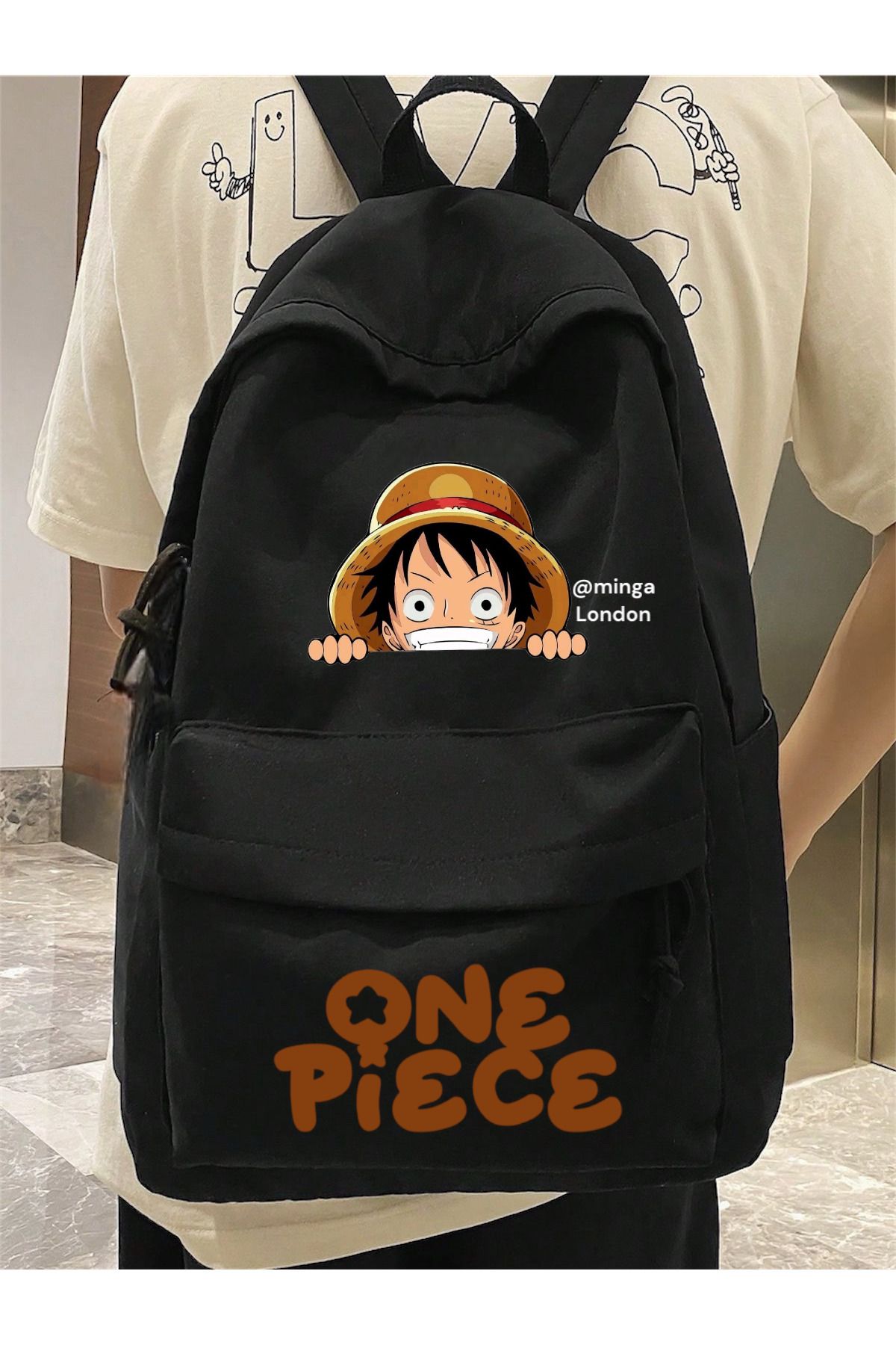 Minga London Siyah One Piece Alt Üst Baskılı Okul, Dershane, Kurs Baskılı Sırt Çantası -Minga London