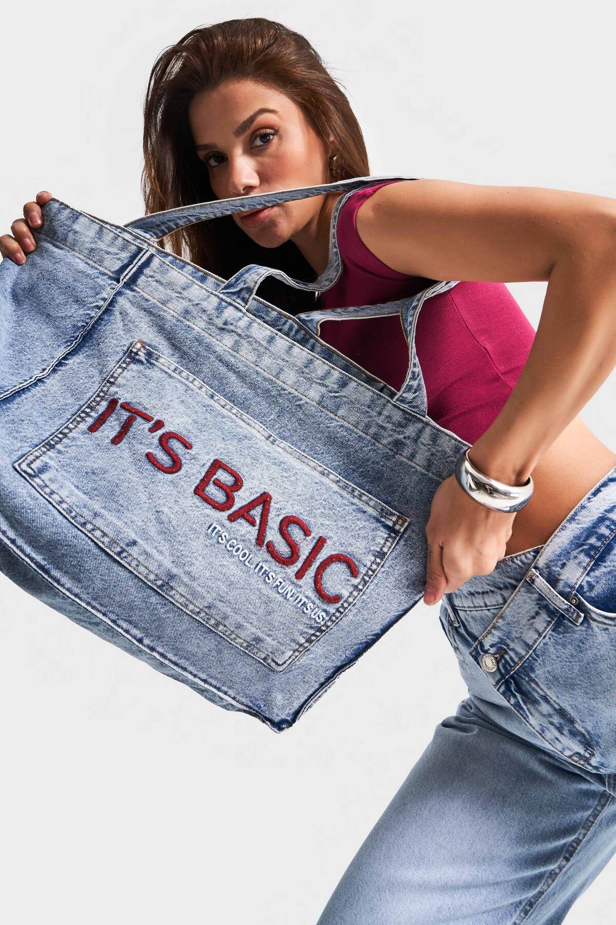its basic Kot Rengi 1-B-3w4-27 It's Basic Bordo Nakışlı Körüklü Askılı Denim Çanta Bordo-SSTD