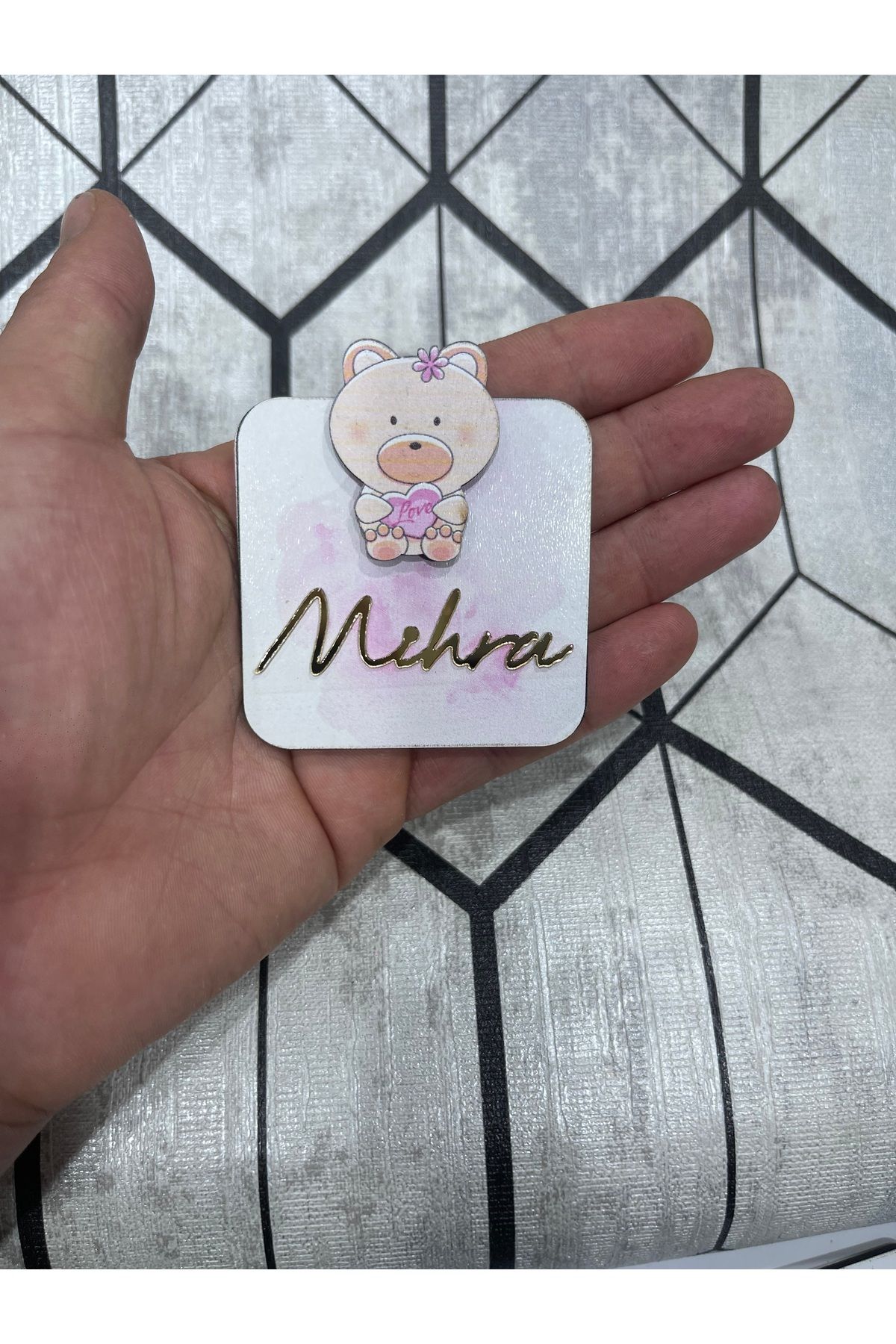 ELF REKLAM Ayıcık Figürlü Ahşap Baskılı Pleksi Yazılı Magnet 10 Adet