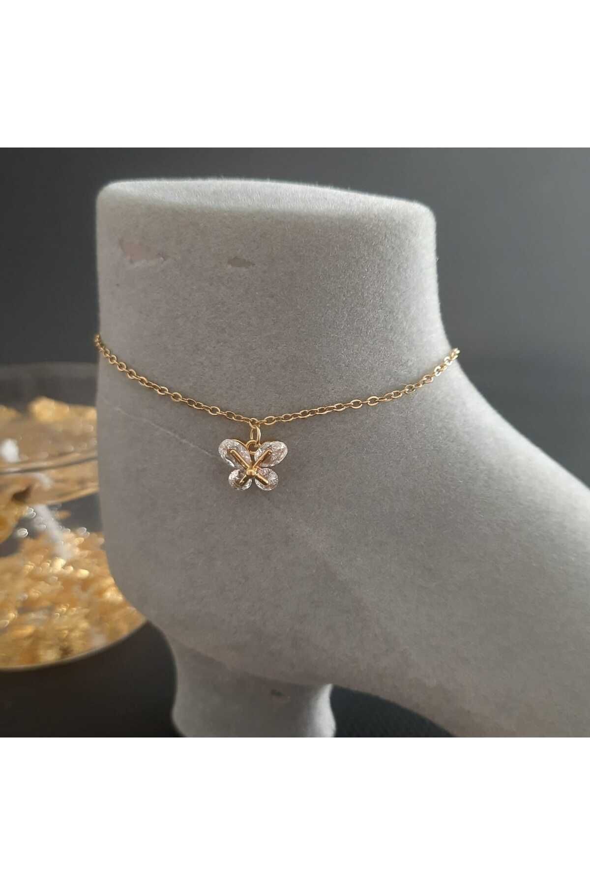 Betül Çekiç Çelik Gold Renk Taşlı Kelebek Figürlü Kadın Halhal