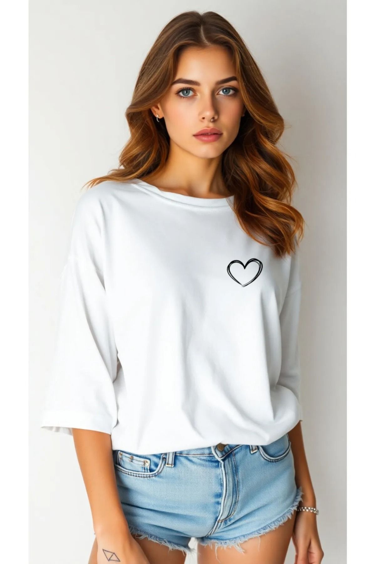 puolikuu Oversize Kadın Tshirt renkli kalp baskılı tshrt tişört