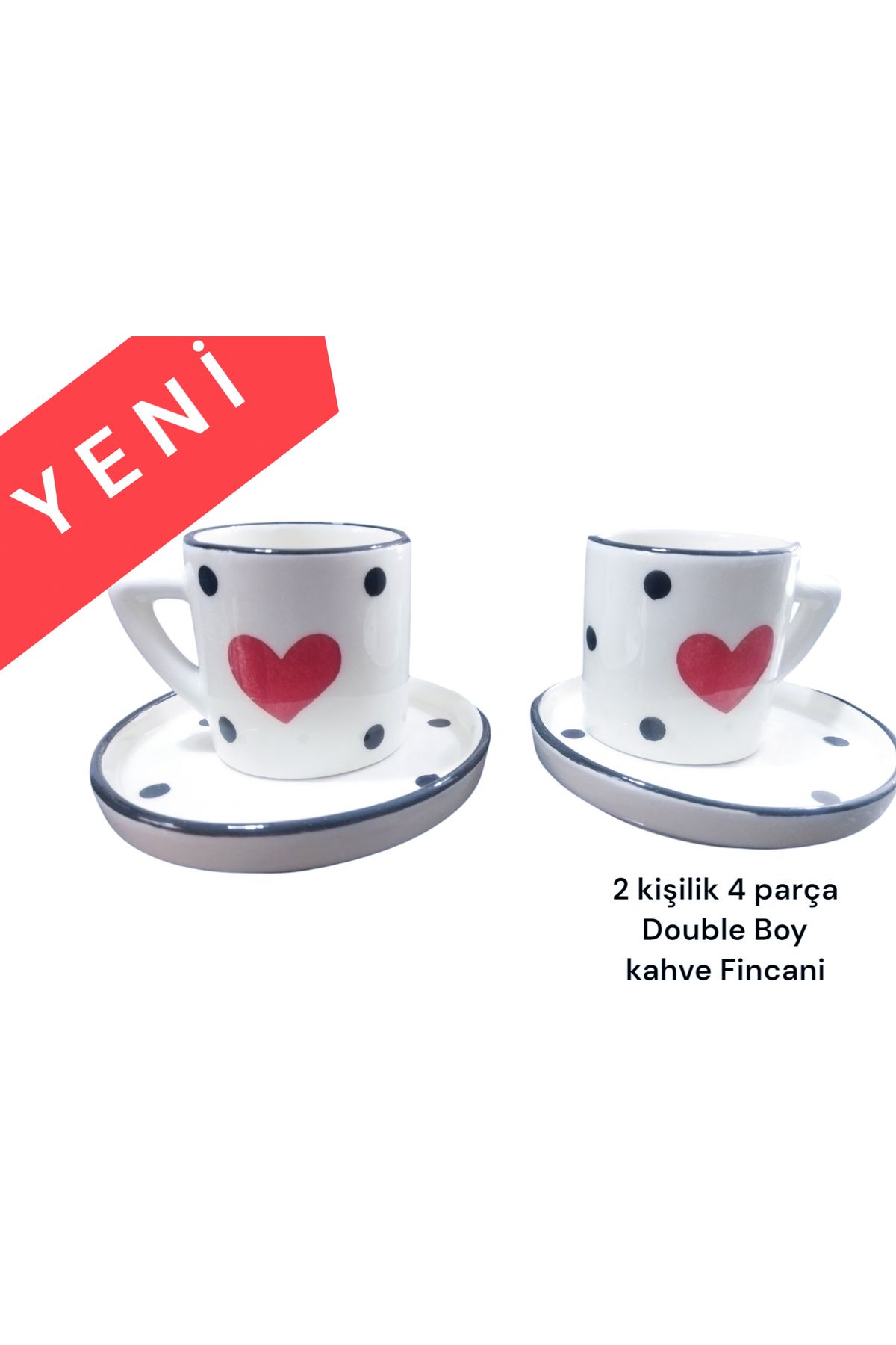 Ganita home Kahve Fincanı 2 kişilik 4 Parça Kalp & Puantiye Double Boy