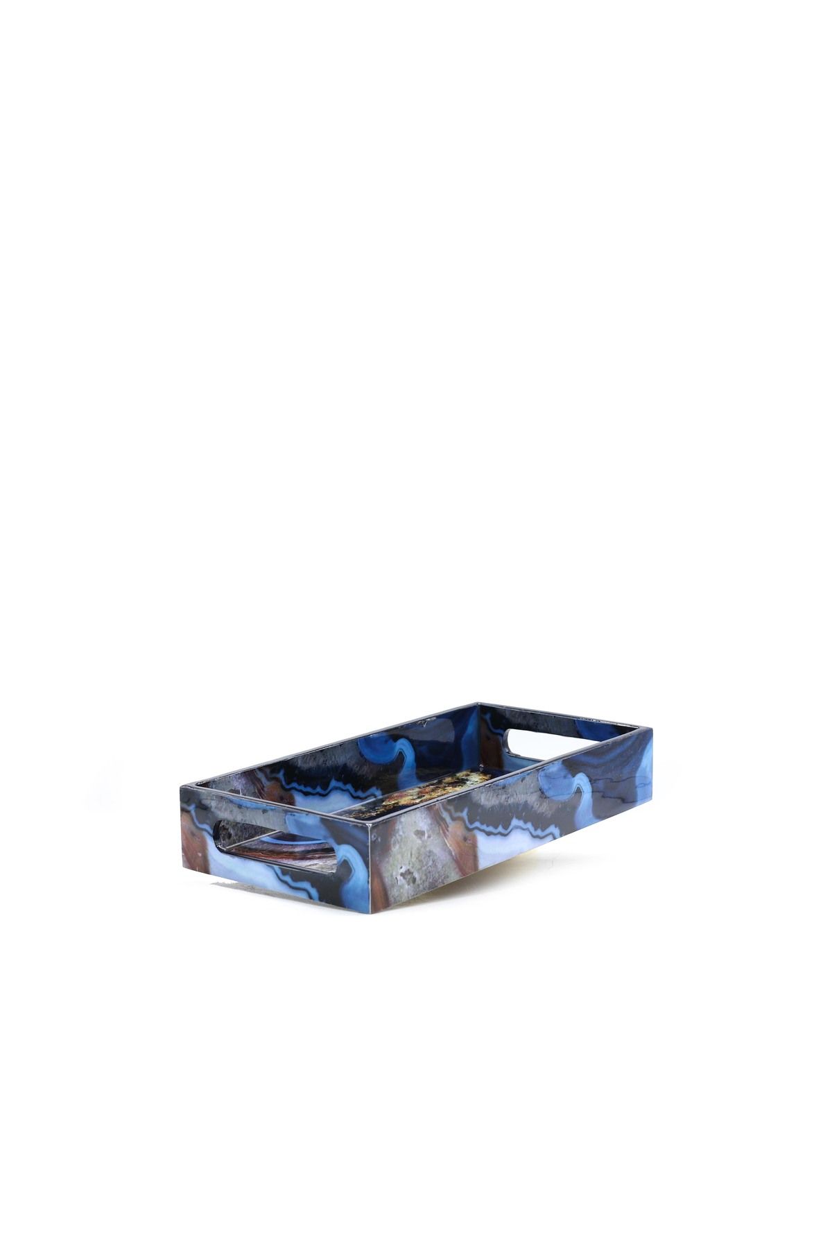 Decor Impex Mavi Desenli Ahşap Tepsi Küçük Boy