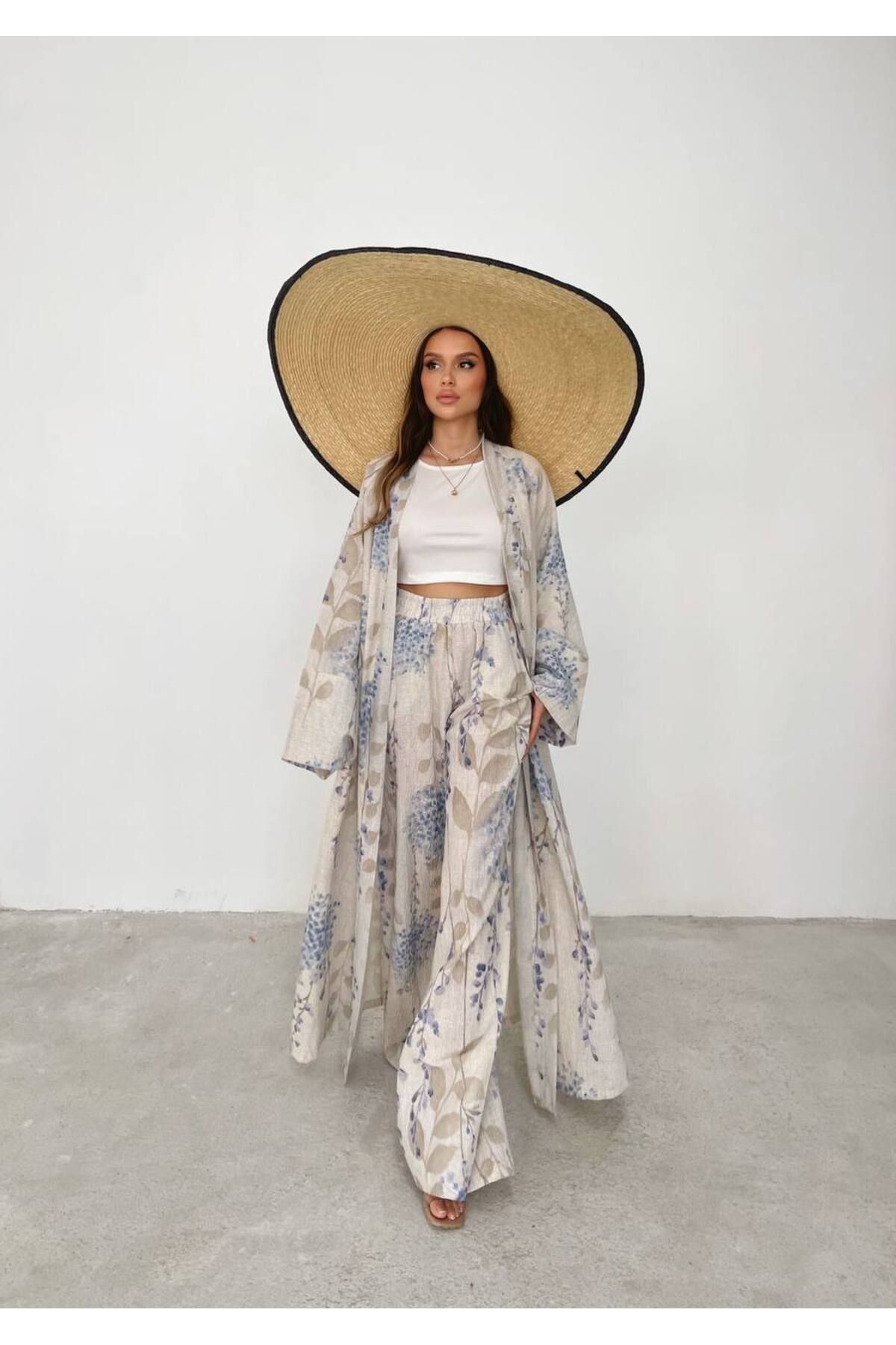 DENİKK Kadın yazlık Trend kimono keten takım 242-8013