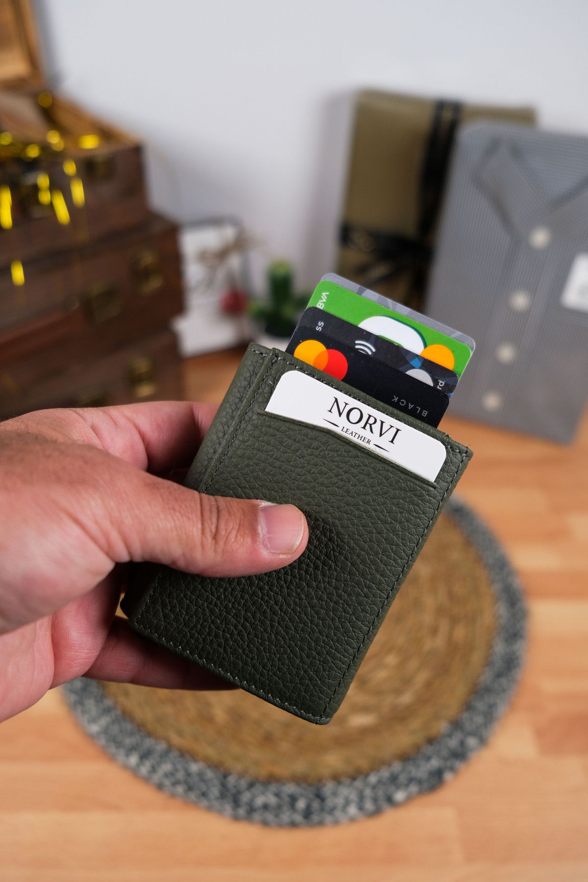 Norvi Leather Mekanizmalı Otomatik Hakiki Deri Kartlık Kadın Haki Yeşil