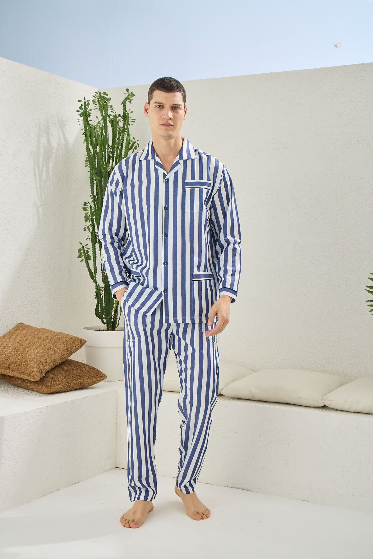 FORMO Erkek %100 Organik Pamuk Çizgili Uzun Kollu Yüksek Kaliteli Pijama Takımı
