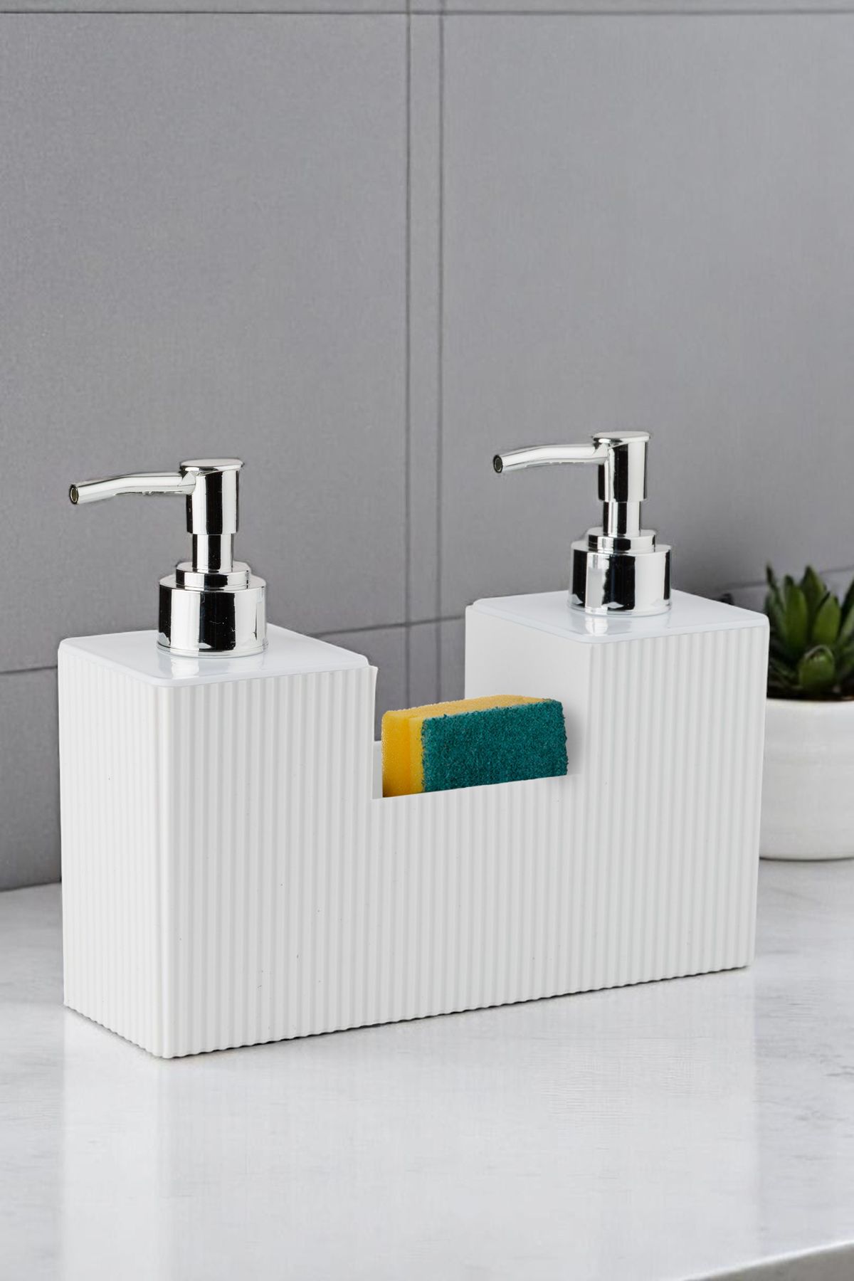 okacih Çift Pompalı Hazneli Sıvı Sabunluk Mutfak Banyo Deterjanlık Sabunluk 500 Ml Sünger Dahil Değildir