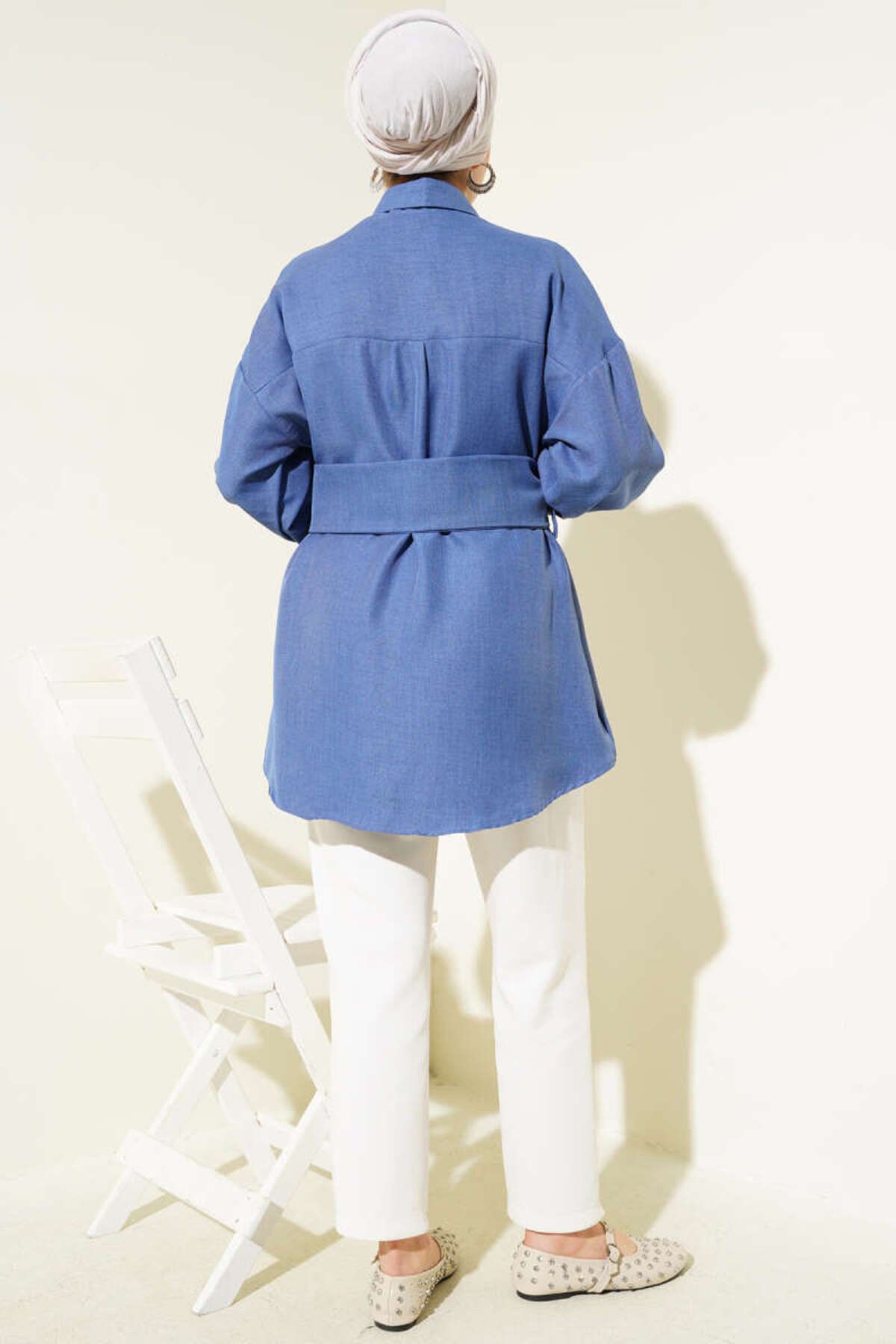 YAZGI MODA Kendinden Geniş Kuşaklı Gömlek İndigo