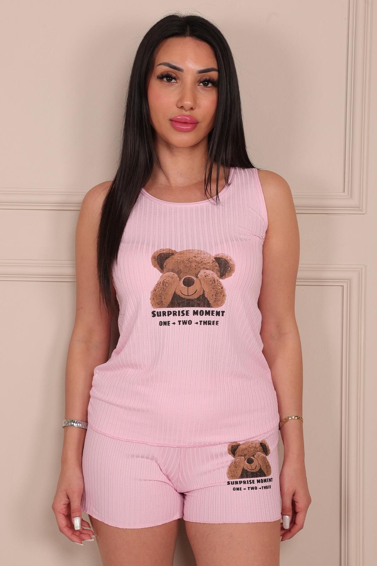 Niket Life Kadın Ayıcık Baskılı Kalın Askılı Şortlu Viskon Pijama Takımı