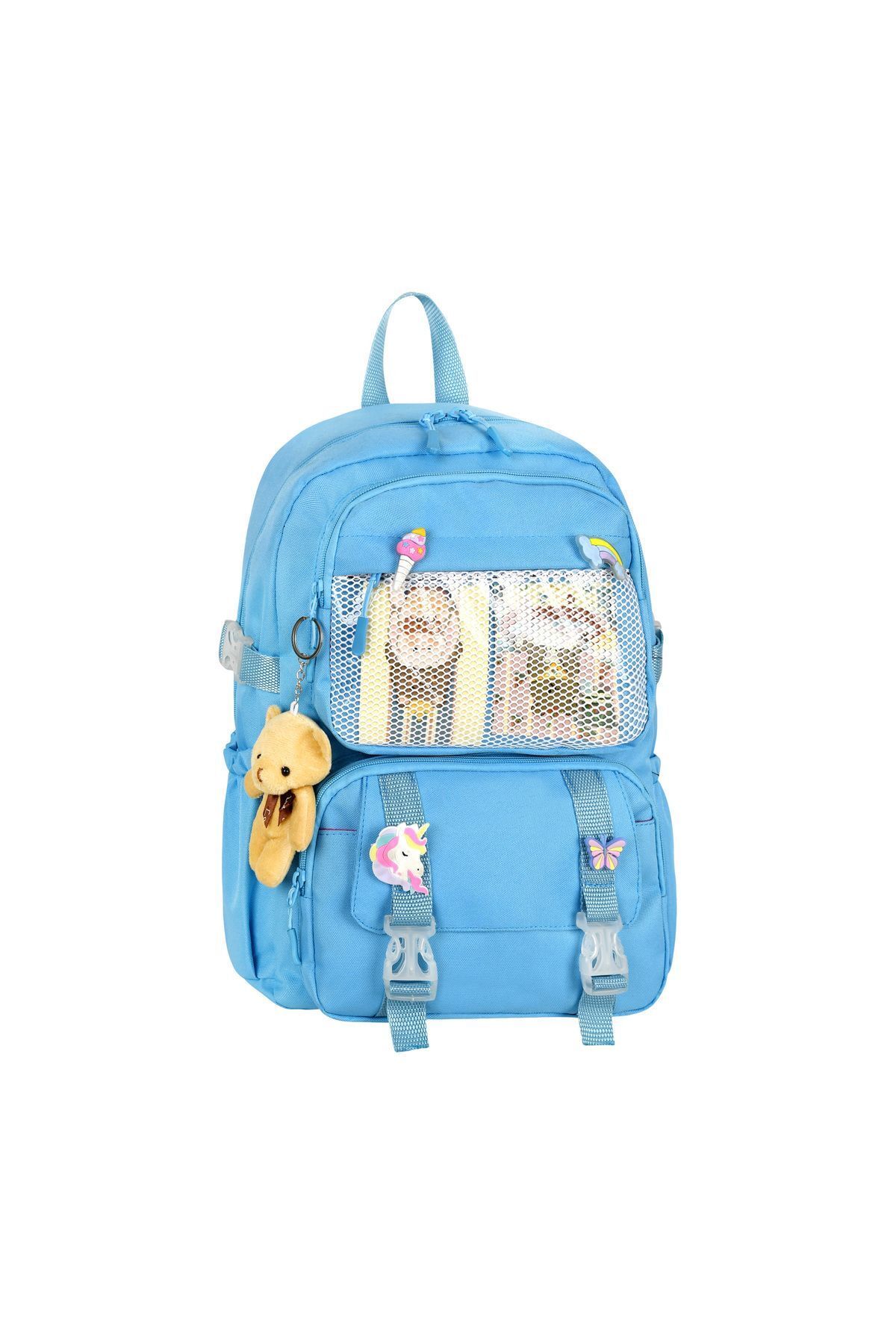 Royal Glow RoyalGlow Yeni Kore Tarzı Kawaii Ayıcık Aksesuarlı Kız ve Erkek Çocuk İlkokul Çantası Mavi