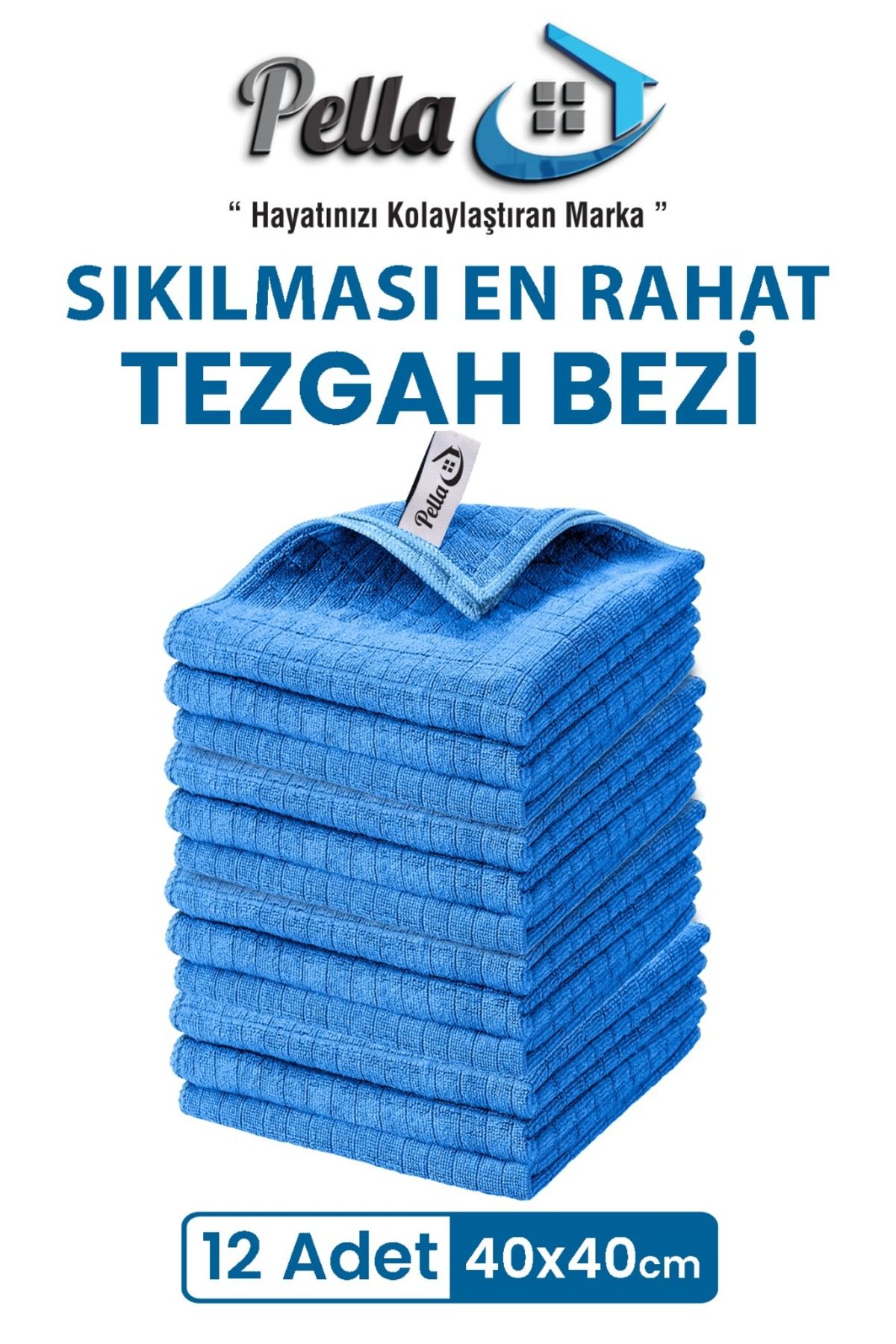 pella 12'li Mikrofiber Araba, Cam, Mutfak Temizlik Bezi, Mavi (40 CM X 40 CM)