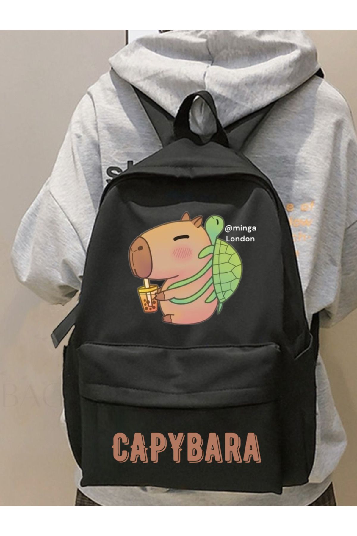 Minga London Siyah Capybara Green Turtle Baskılı Okul, Dershane, Kurs Baskılı Sırt Çantası -Minga London