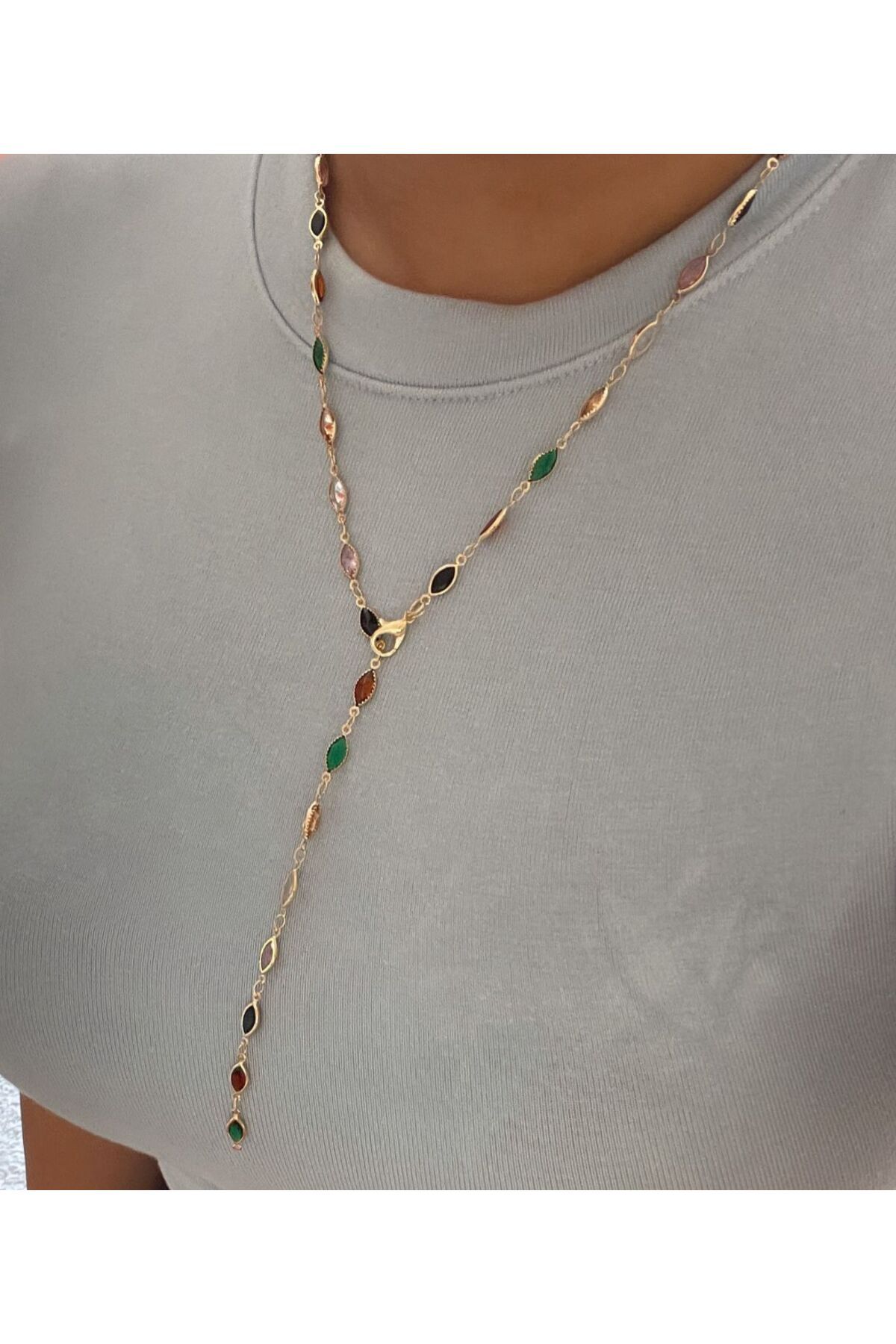 HKN AVM ACCESSORİES Çok Renkli Taşlı Y Kolye