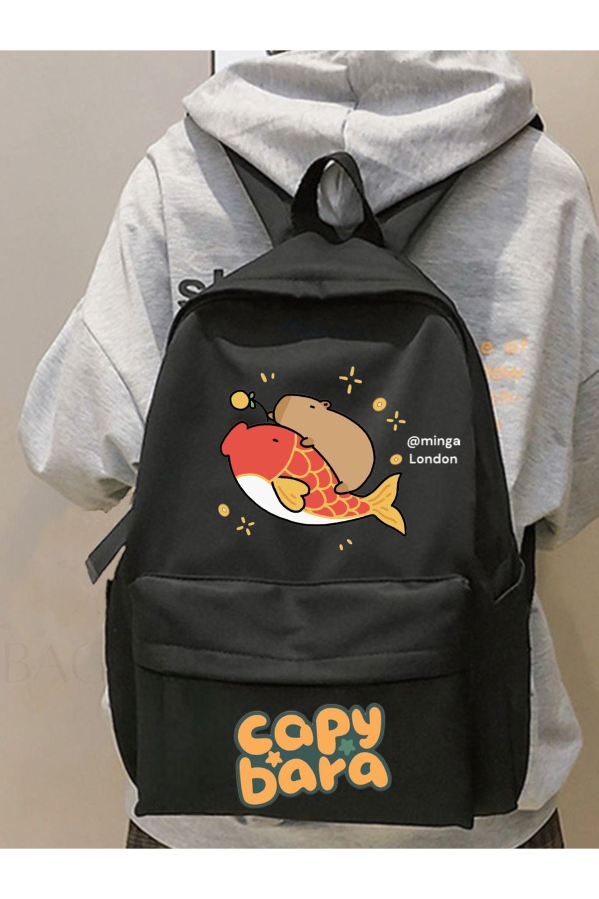 Minga London Siyah Capybara Luck Fish Baskılı Okul, Dershane, Kurs Baskılı Sırt Çantası -Minga London
