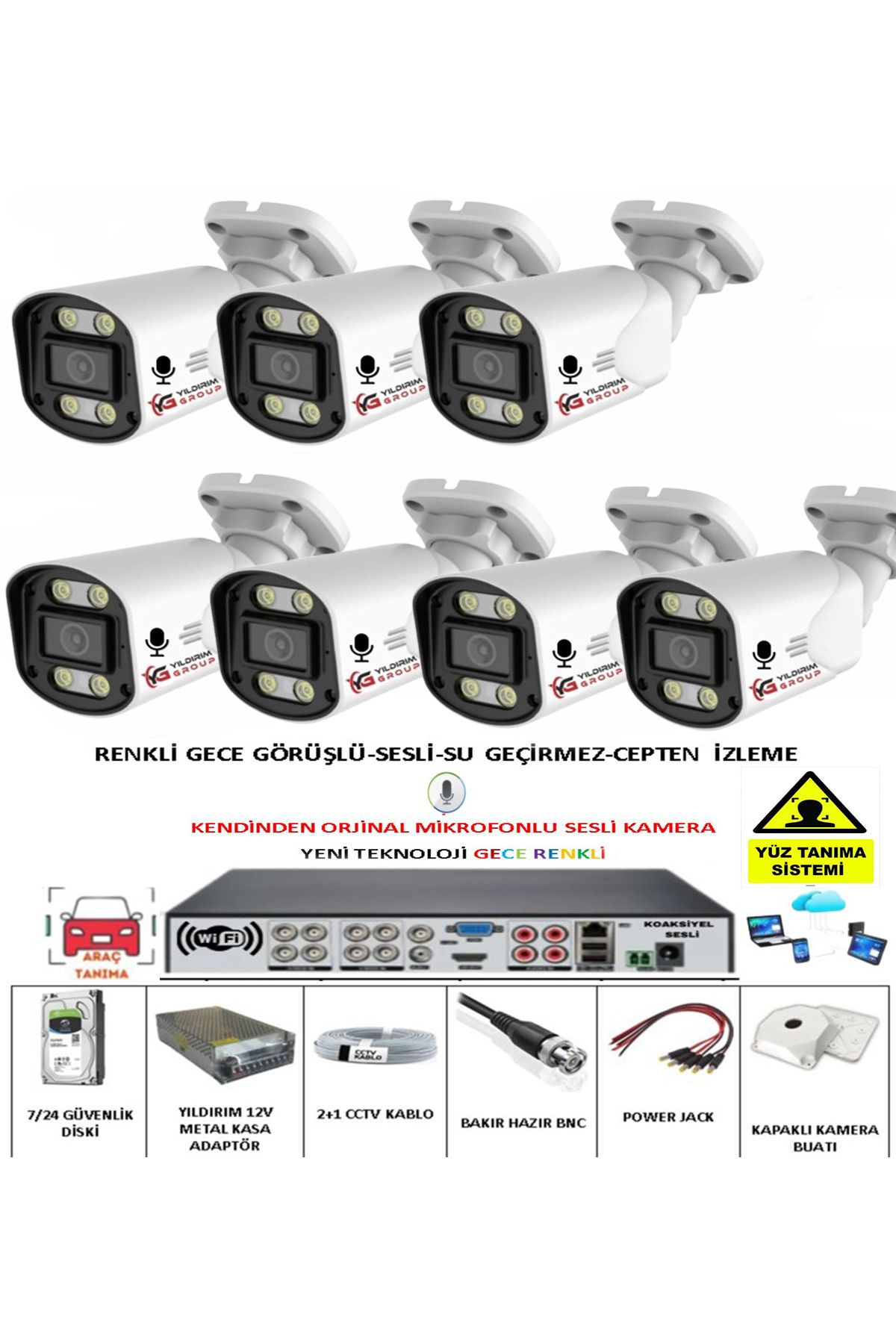 YILDIRIMGROUP 7 Lİ SESLİ GÜVENLİK KAMERASI 5 MP GECE RENKLİ YÜZ VE ARAÇ TANIMALI FULL HD KAMERA SİSTEMİ