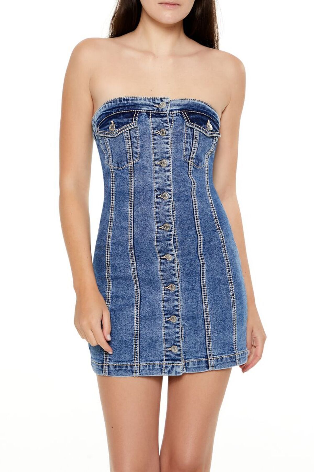 Forever 21 Düğmeli Denim Mini Elbise