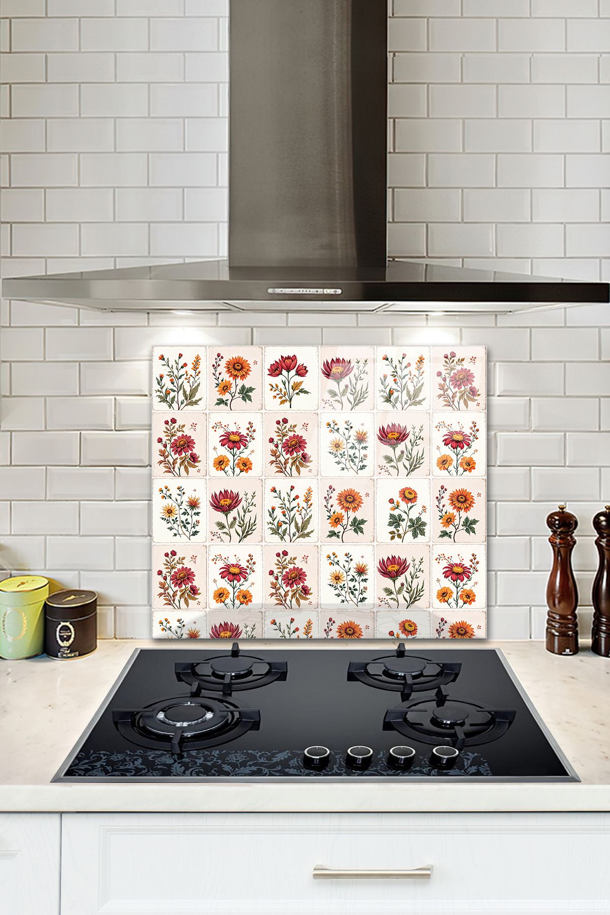 Decorita Cam Ocak Arkası Koruyucu | Çiçekli Karo Desen | 52cm x 60cm