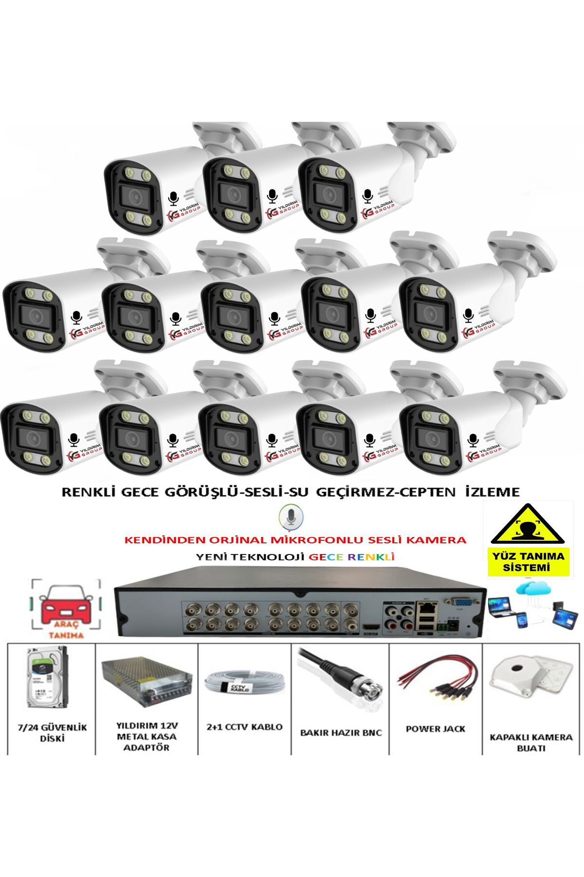 YILDIRIMGROUP 13 LÜ SESLİ GÜVENLİK KAMERASI 5 MP GECE RENKLİ YÜZ VE ARAÇ TANIMALI FULL HD KAMERA SİSTEMİ