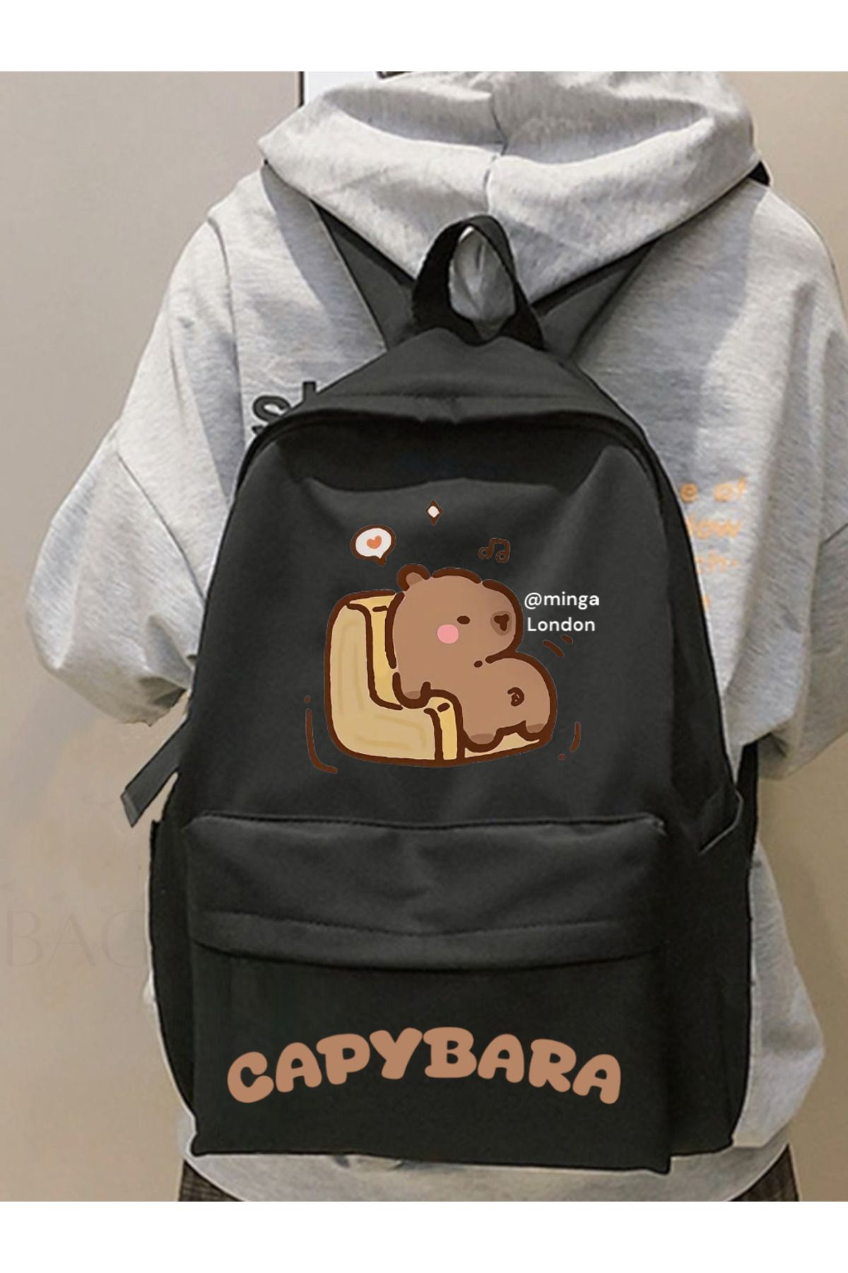 Minga London Siyah Brown Capybara Lazy Baskılı Okul, Dershane, Kurs Baskılı Sırt Çantası -Minga London