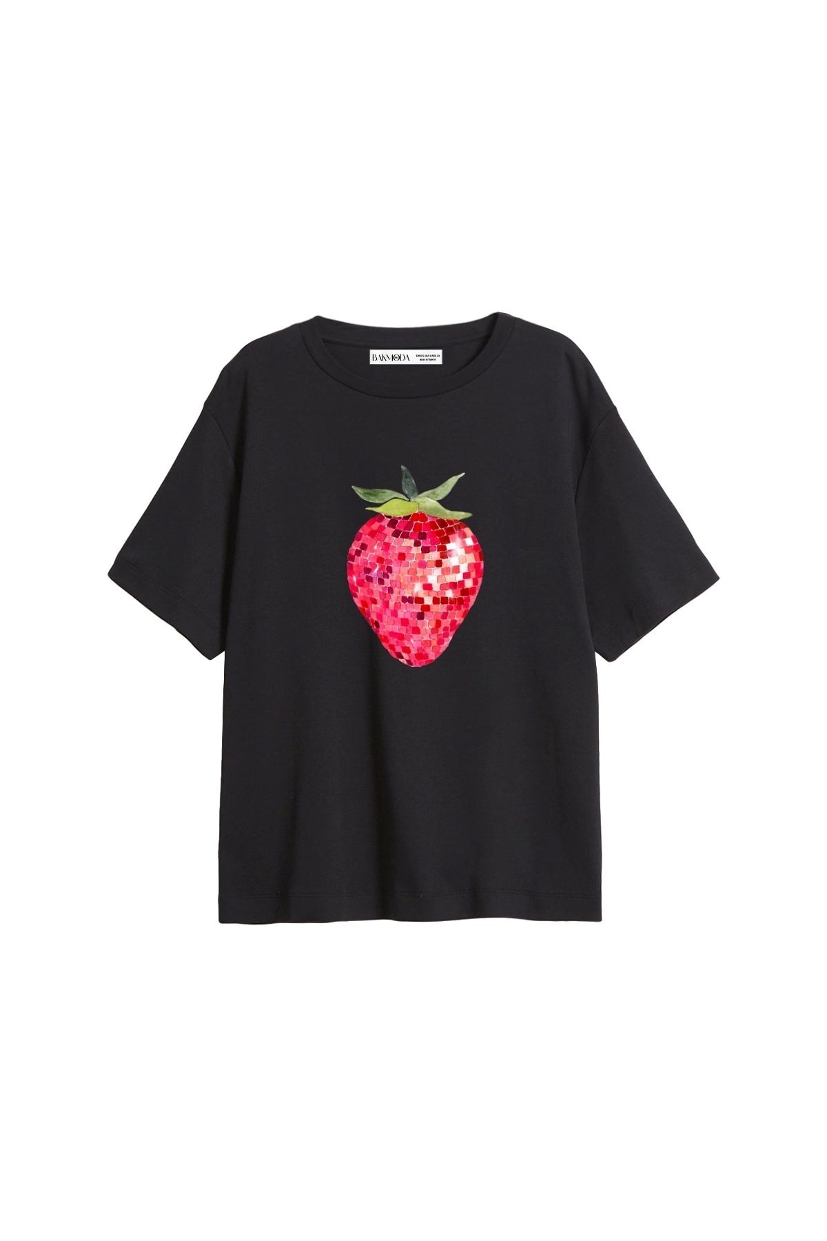 CİNEMA MODA Strawberry Disco Baskılı Relaxed Fit Siyah Kadın Tshirt