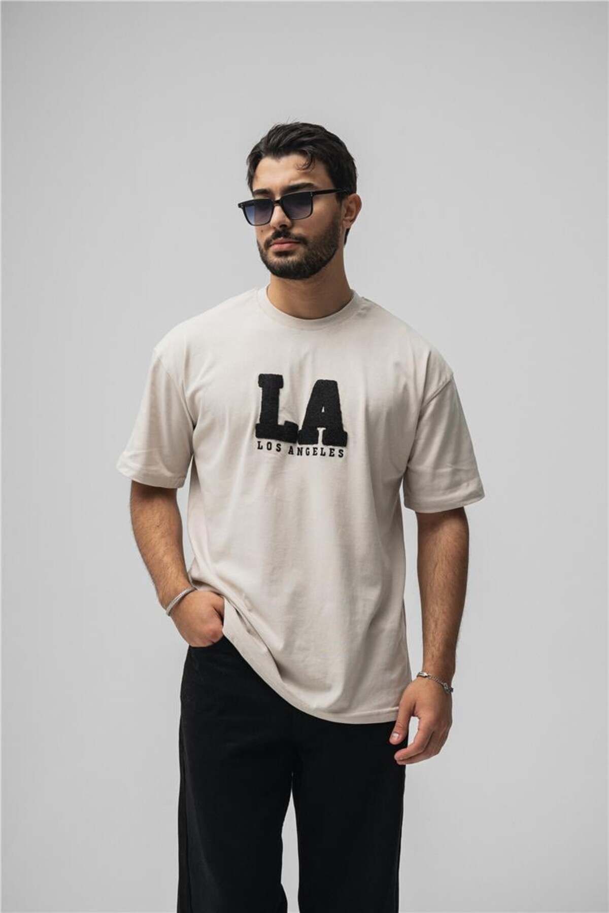 OUTFİT MAN Erkek LosAngeles Oversize T-Shirt Bej