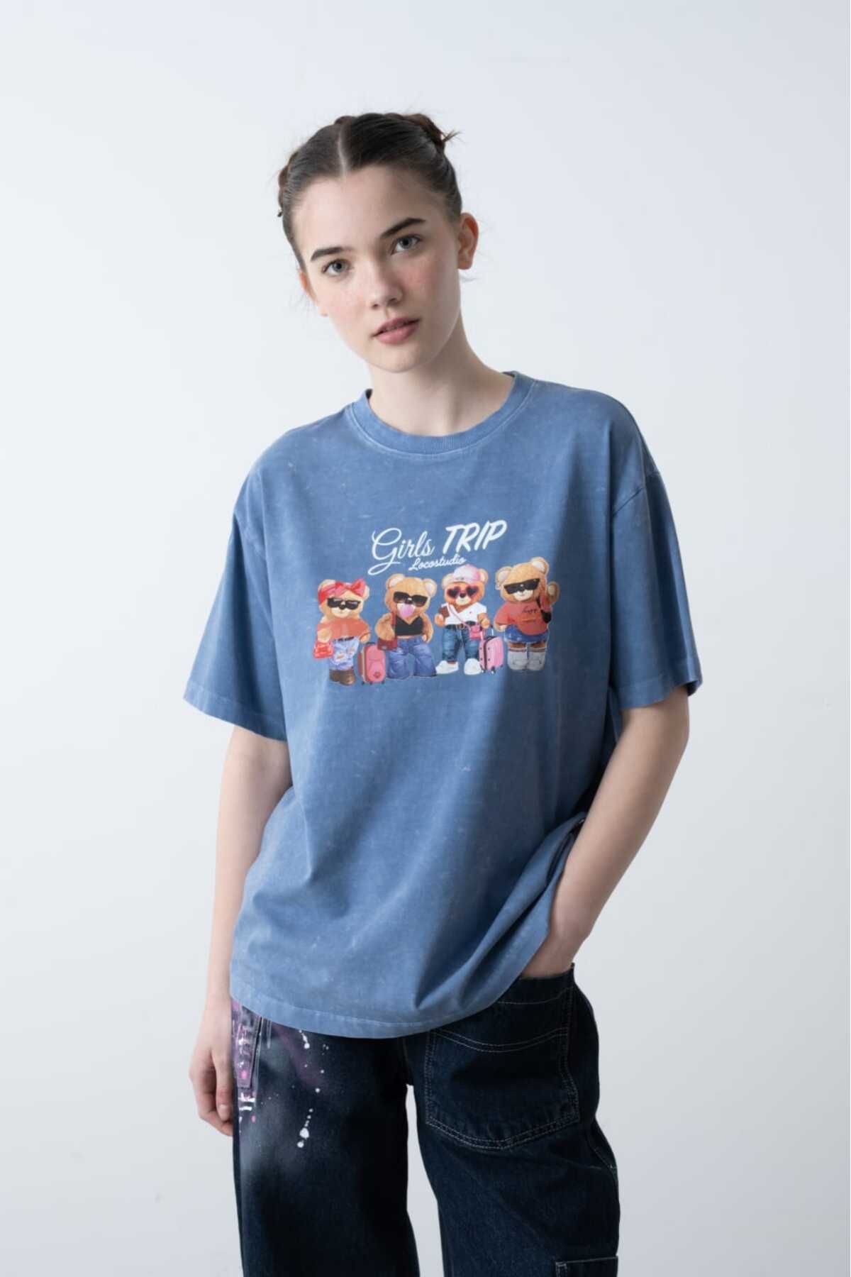 LOCO LOCO Kız Çocuk 9-15 Yaş Ayıcık Baskılı Pamuklu Tshirt