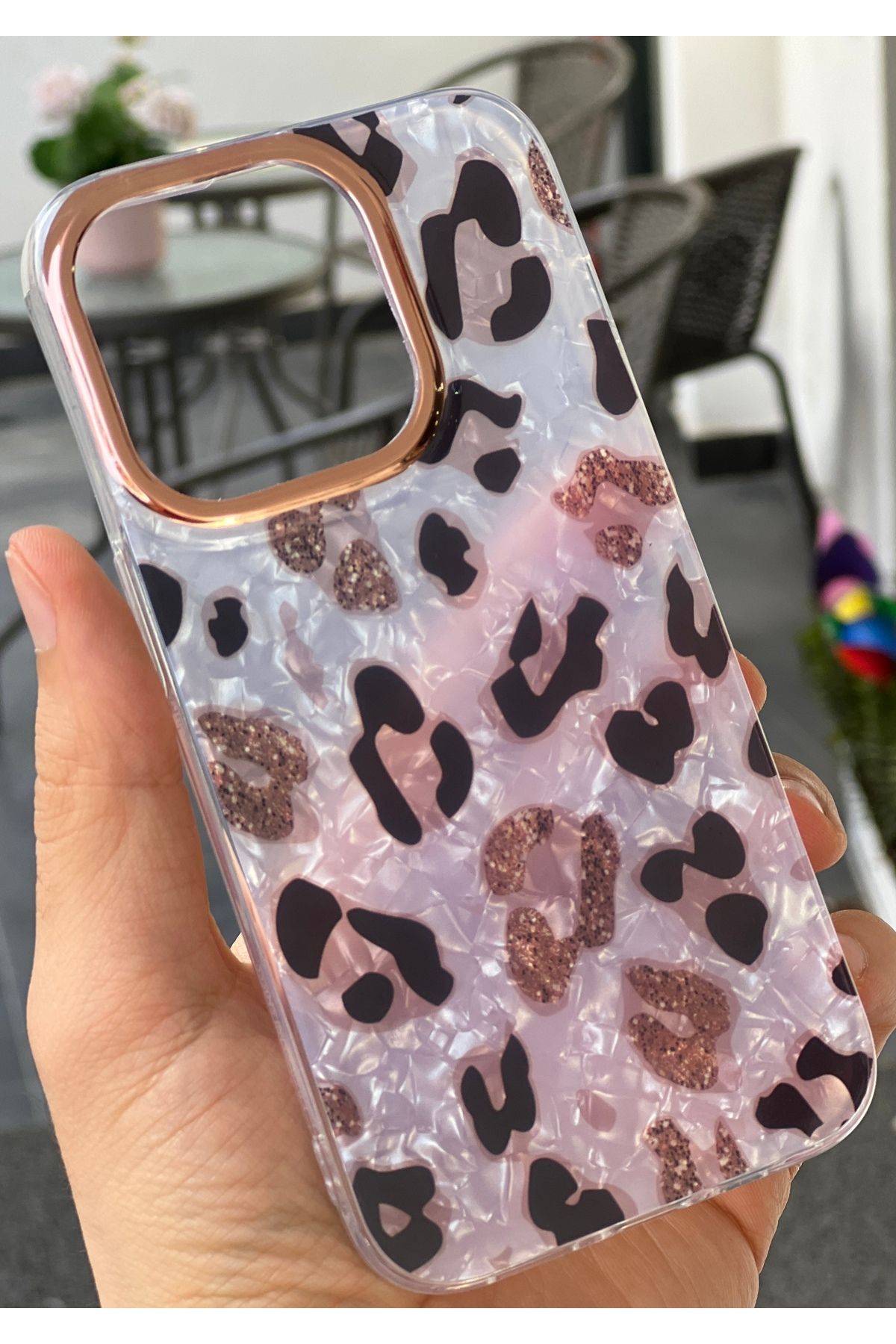 EDELFU iPhone 14 Pro için Leopar Desenli Sedefli Kamera Çevresi Altın Varaklı Koruyucu Silikon Kılıf