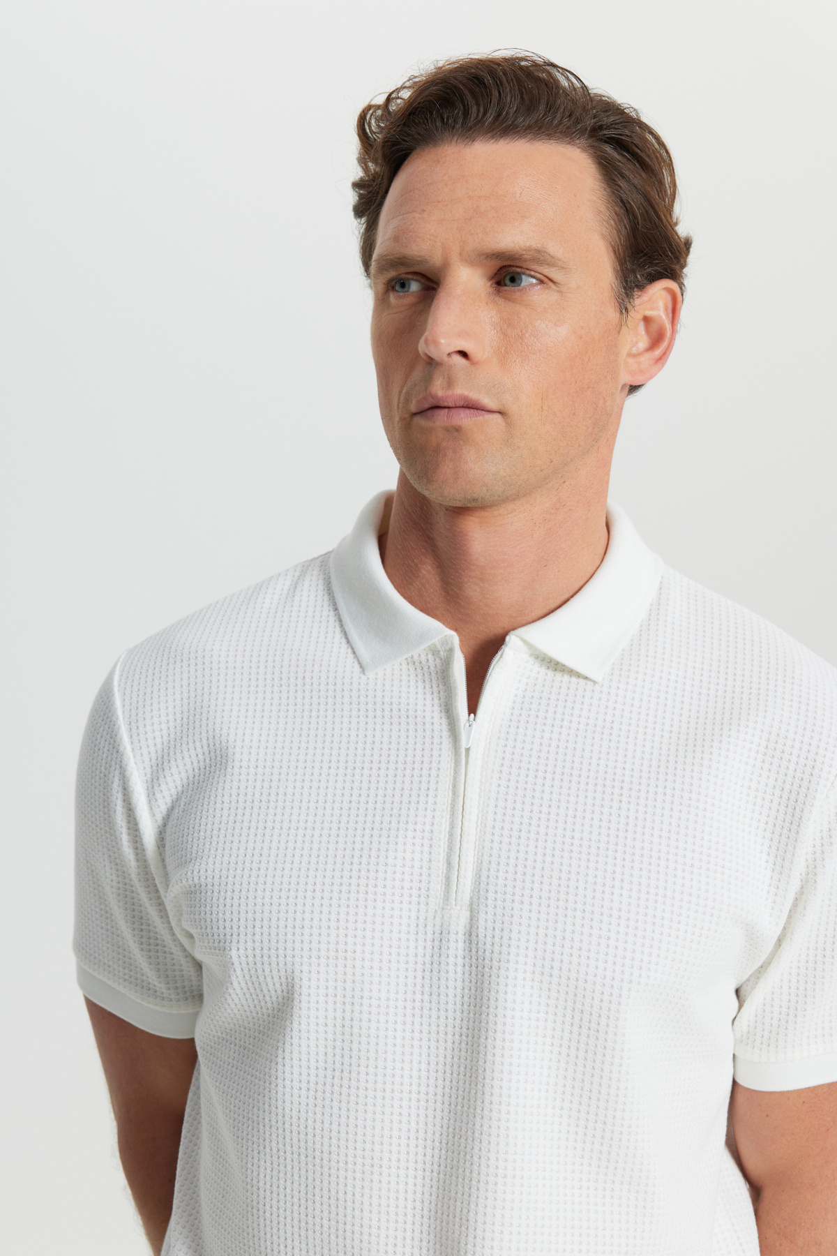 ALTINYILDIZ CLASSICS-Men's Ecru Cotton Slim Fit Slim Fit Polo Neck Jacquard Stretch T-Shirt 4