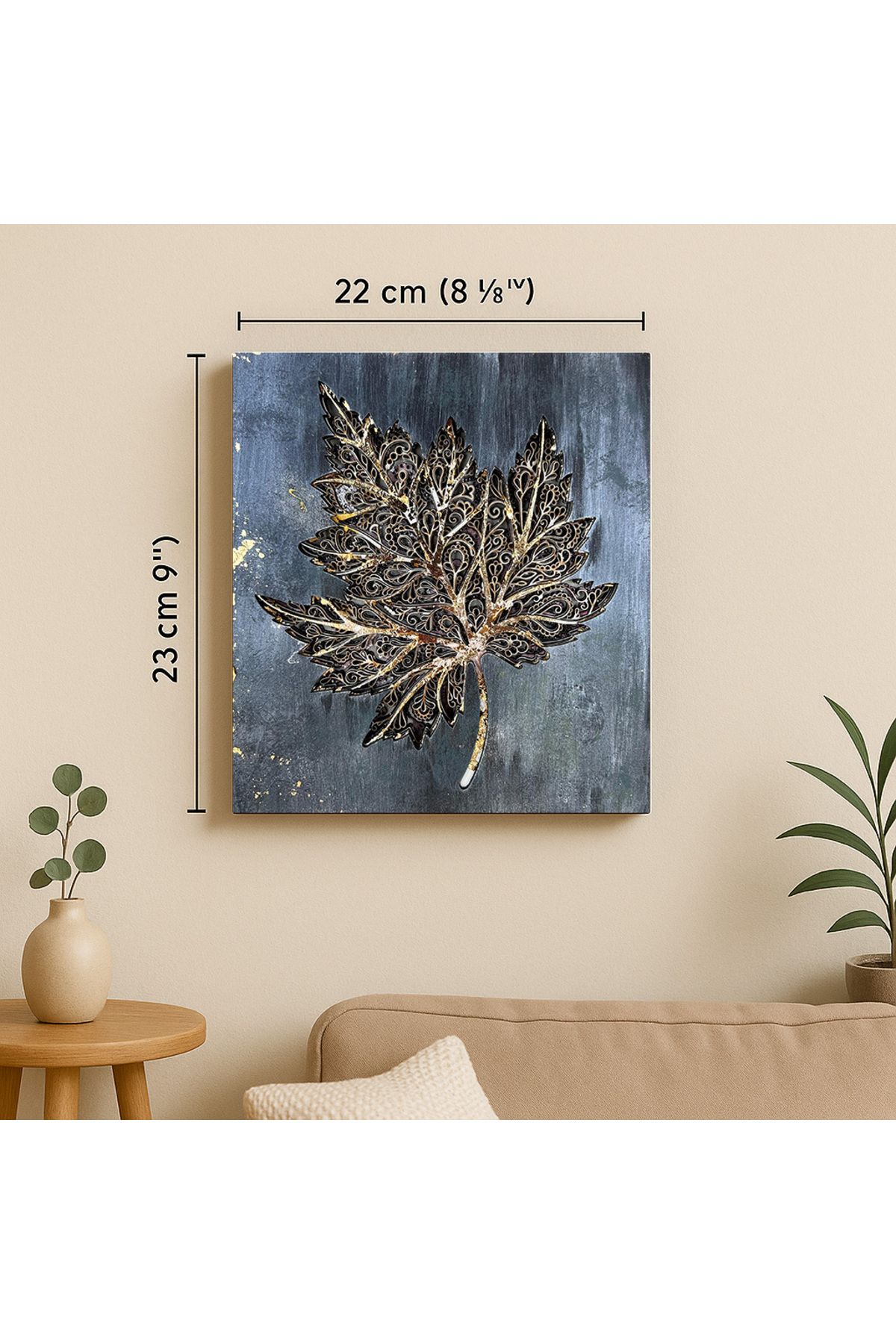 Lotuswoodart Lazer Kesim Ahşap Yaprak Duvar Tablosu 22x23 cm – Altın Detaylı Dekoratif Sanat Eseri