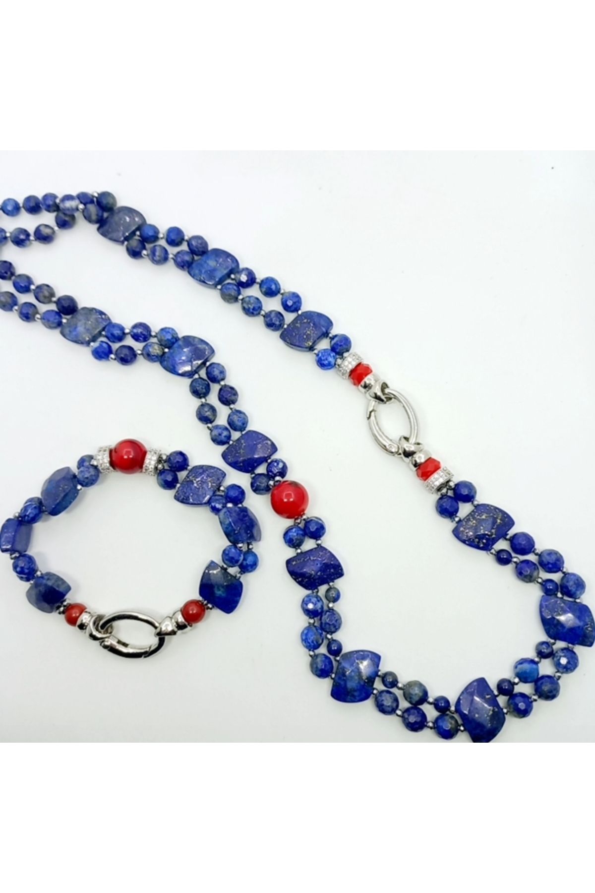 Sibelce 2275 Lapislazuli Mercan el yapımı iki sıralı kolye