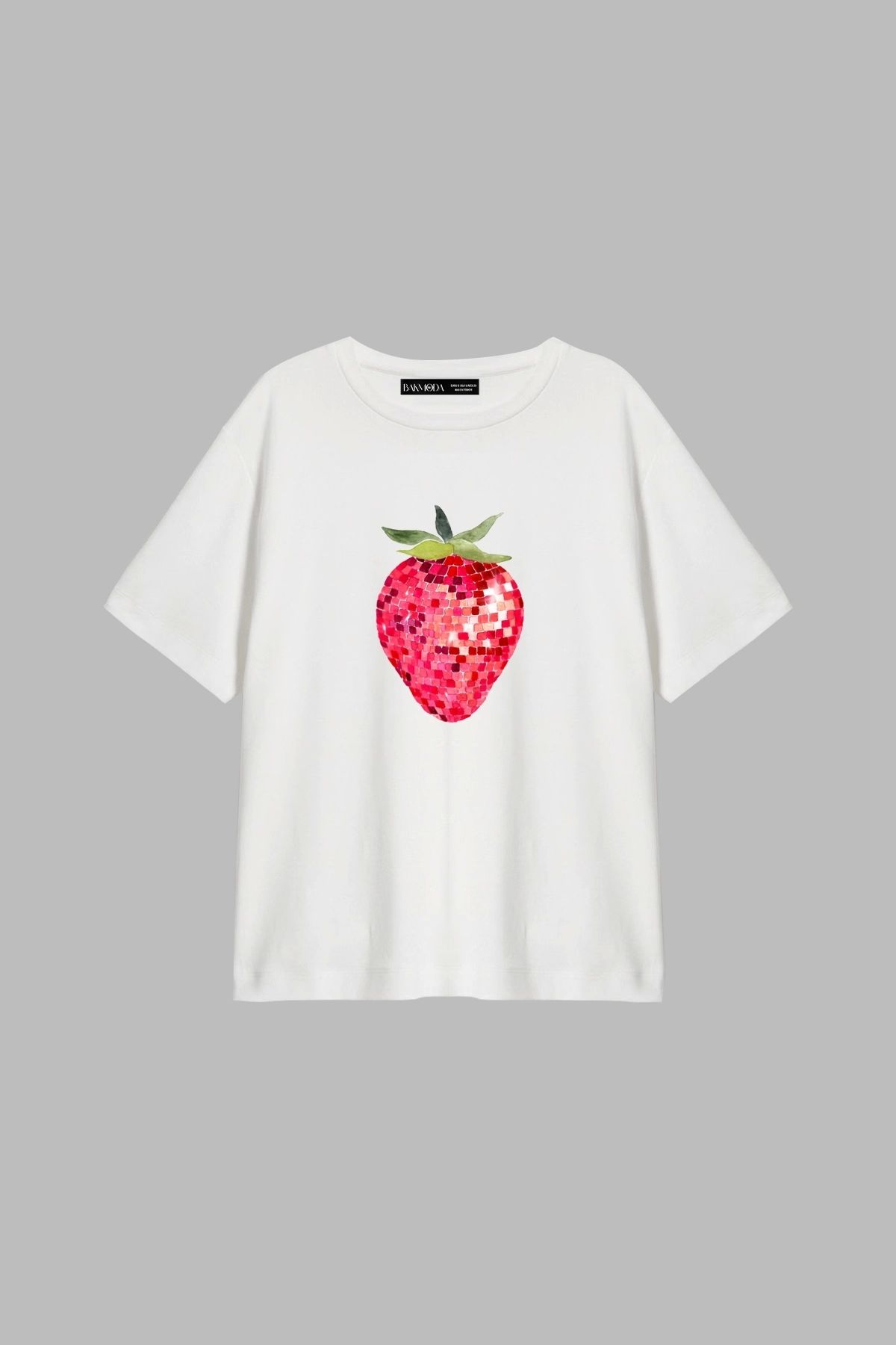 CİNEMA MODA Strawberry Disco Baskılı Relaxed Fit Beyaz Kadın Tshirt
