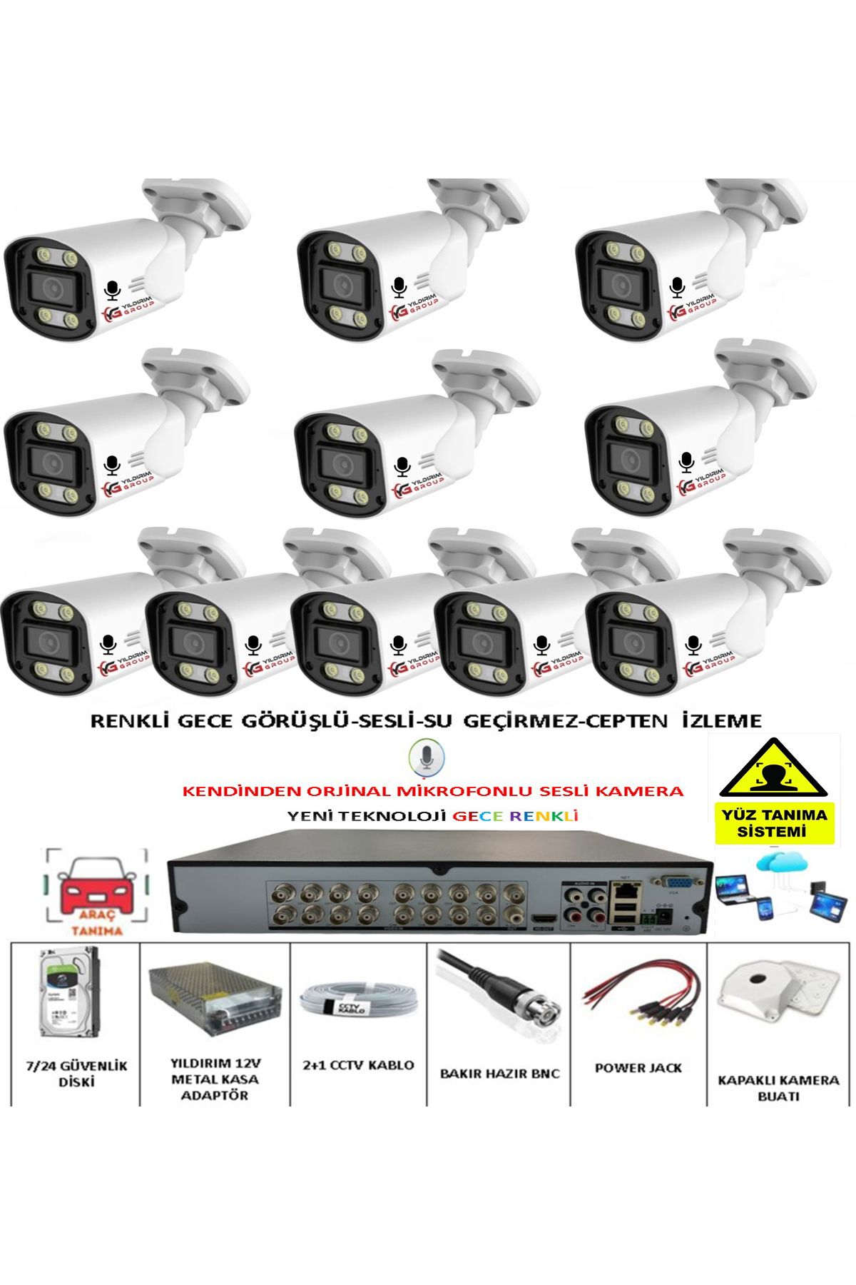 YILDIRIMGROUP 11 Lİ SESLİ GÜVENLİK KAMERASI 5 MP GECE RENKLİ YÜZ VE ARAÇ TANIMALI FULL HD KAMERA SİSTEMİ