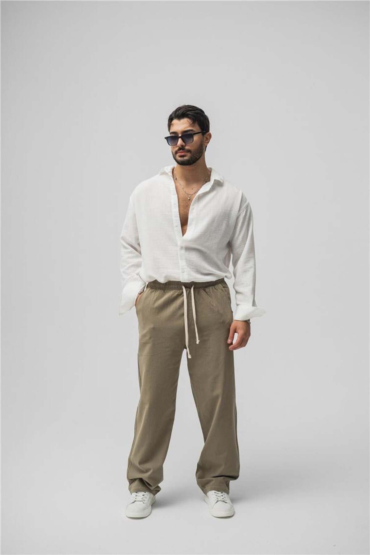 OUTFİT MAN Erkek Linen Bel Bağlamalı Baggy Haki
