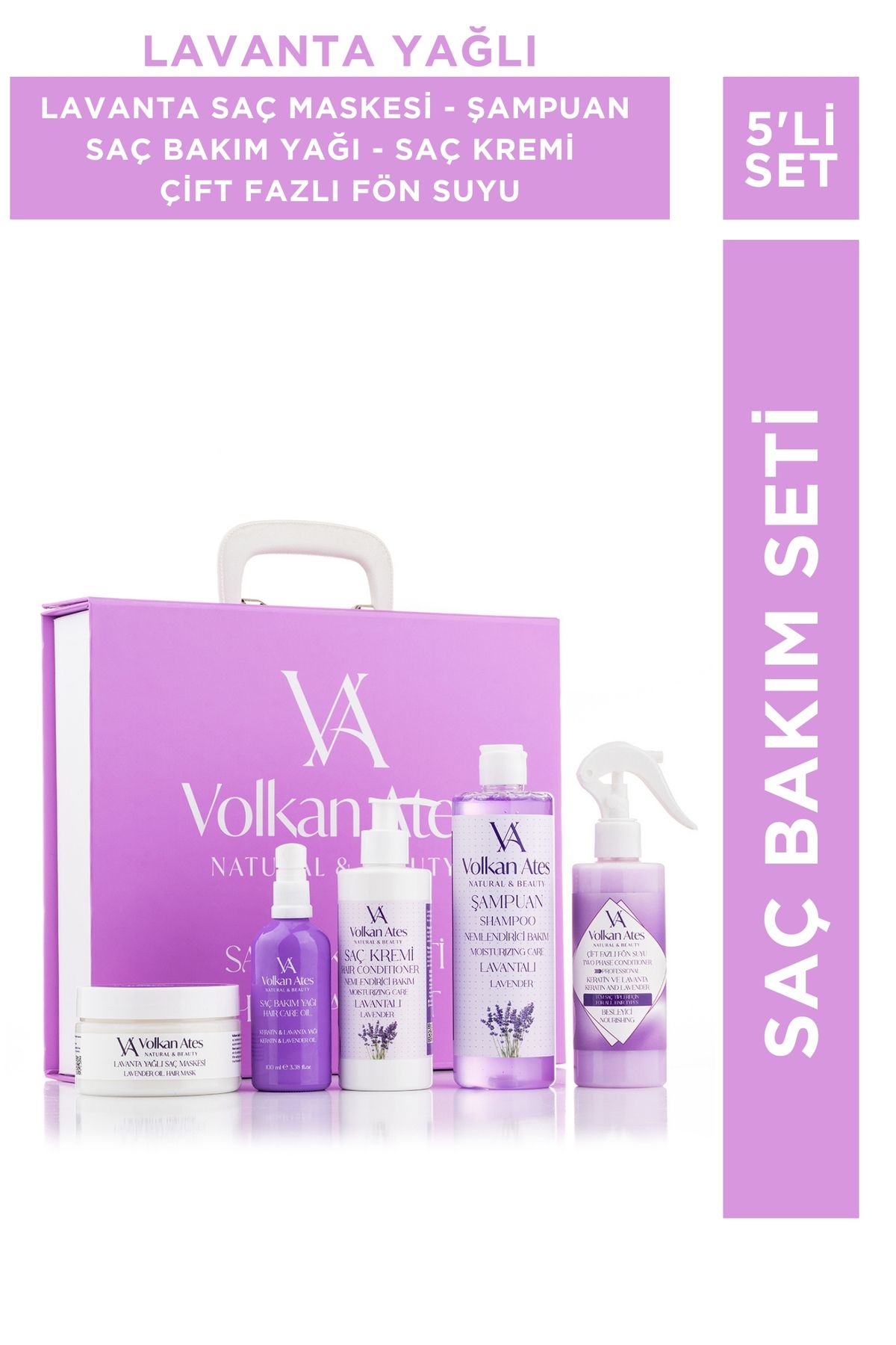 Volkan Ates Natural & Beauty Saç Bakım Seti (Saç Maskesi - Şampuan - Saç Bakım Yağı - Saç Kremi - Çift Fazlı Fön Suyu)