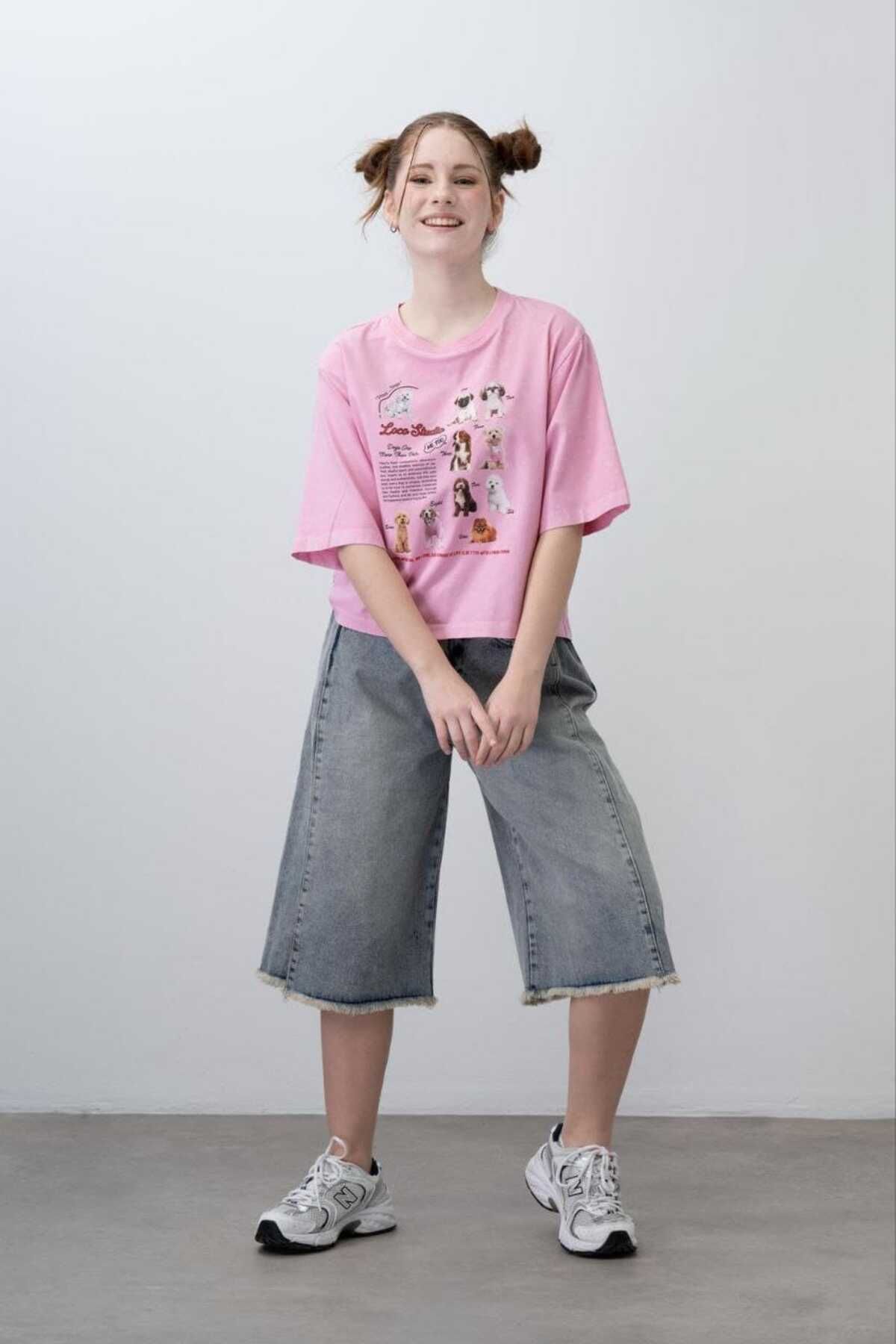 LOCO LOCO Kız Çocuk 9-15 Yaş Baskılı Pamuklu Crop Tshirt