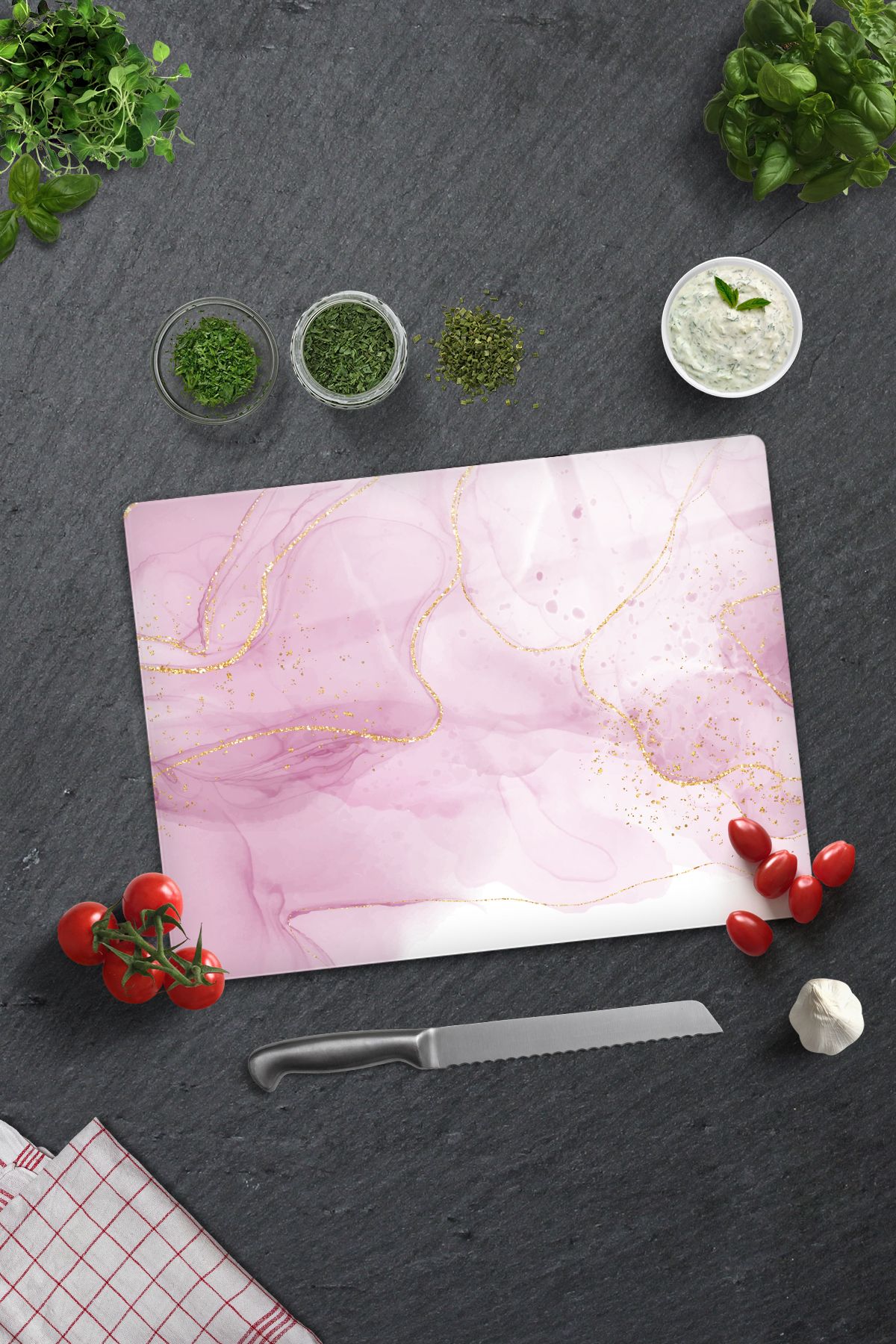 Decorita Cam Kesme Tahtası - Cam Kesme Tablası | Pembe Gold Desen | 30cm x 40cm