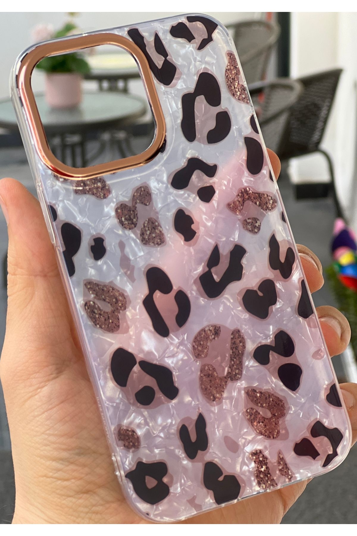 EDELFU iPhone 14 Pro Max Leopar Desenli Sedefli Kamera Çevresi Altın Varaklı Koruyucu Silikon Kılıf