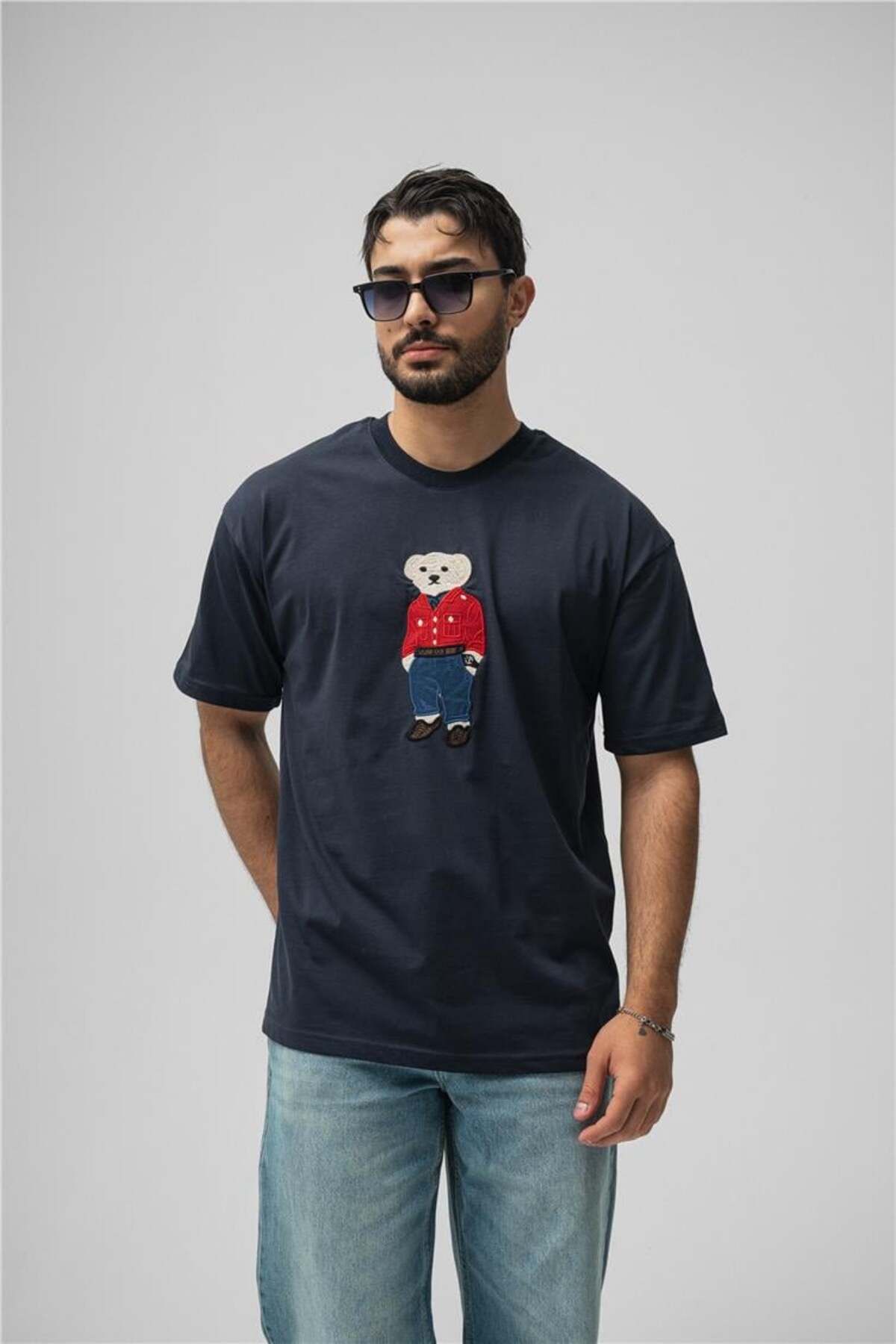 OUTFİT MAN Erkek Ayı Baskılı Oversize T-Shirt Lacivert