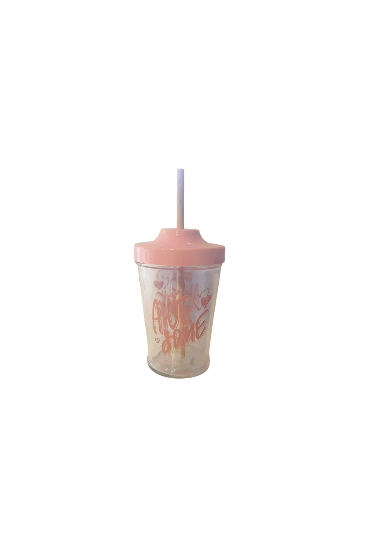 TEKNO İSTANBUL Bambu Pipetli Pudra Pembe Desenli Cam Bardak (450mL)