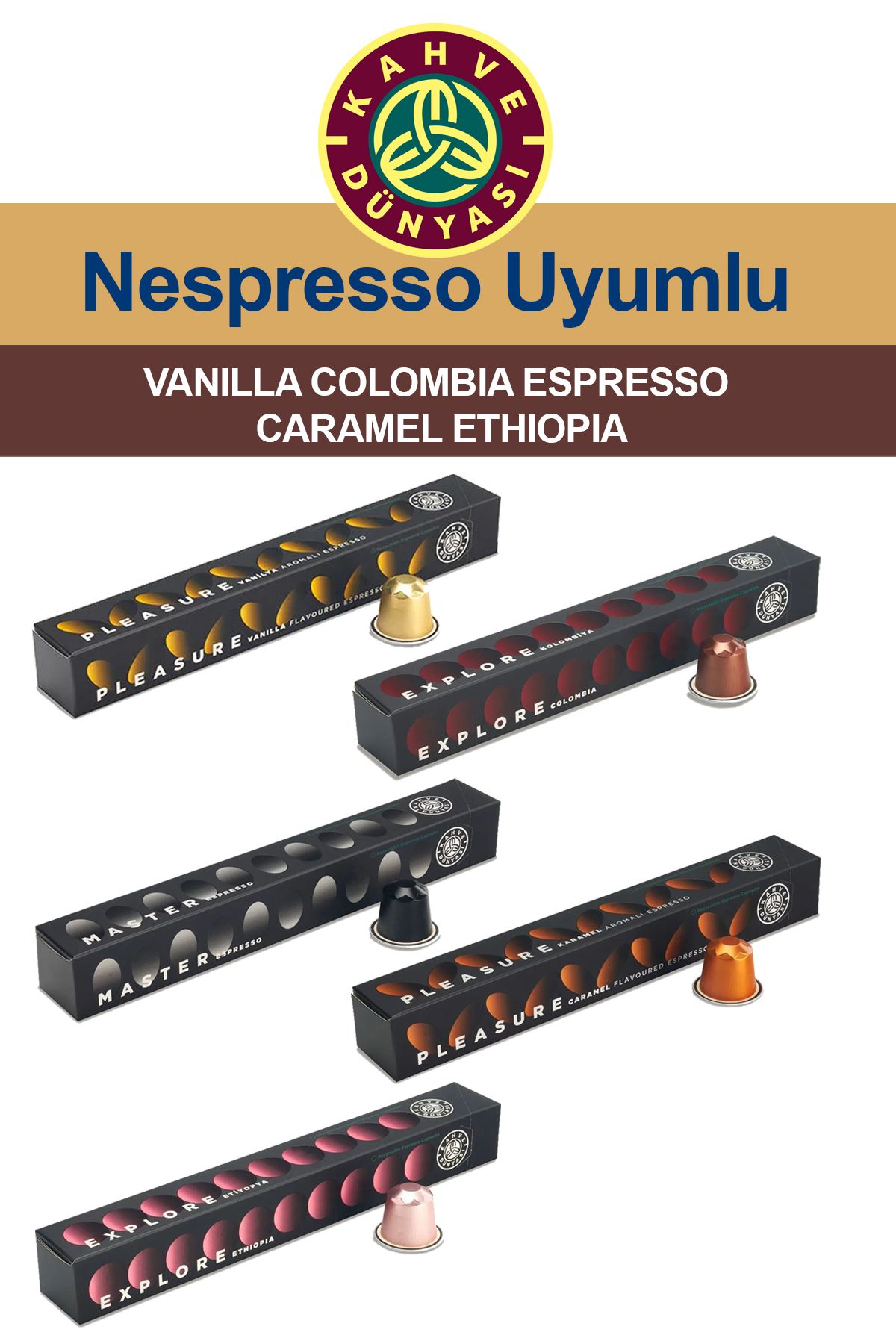 Kahve Dünyası Nespresso 5 Çeşit Kapsül Kahve Tadım Seti Vanilya Colombia Espresso Karamel Etiyopya 5x10
