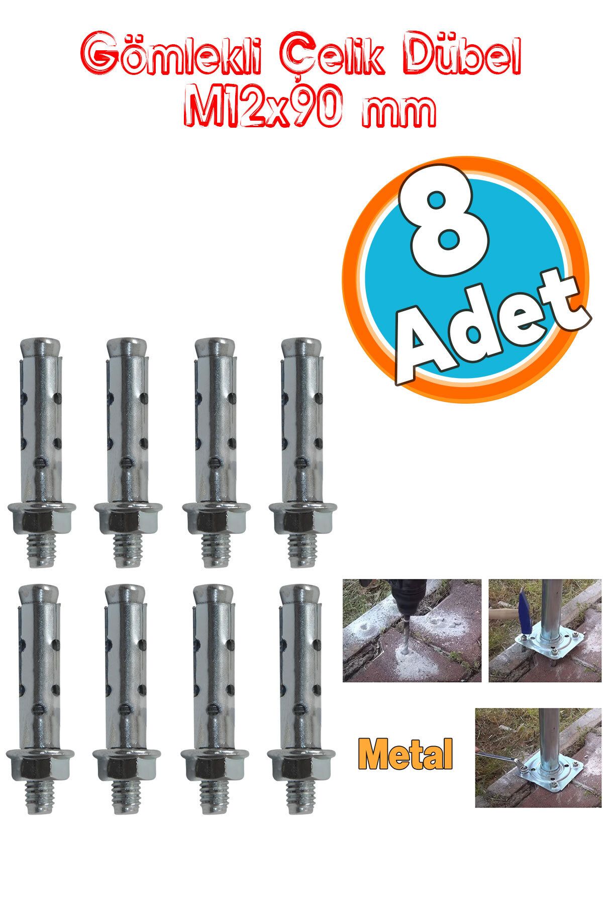 NZB Saplamalı Dübel Gömlek Çelik Dübel M12x90 mm Raf Montaj Bağlantı Zemin Monte Tavan Beton 8 Adet